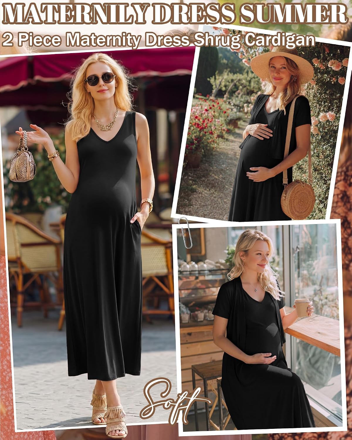 2 Piece Maternity Dress Cardigan Set Womens Pregnancy V Neck Tank Maxi Dress with Pockets for Baby Showers