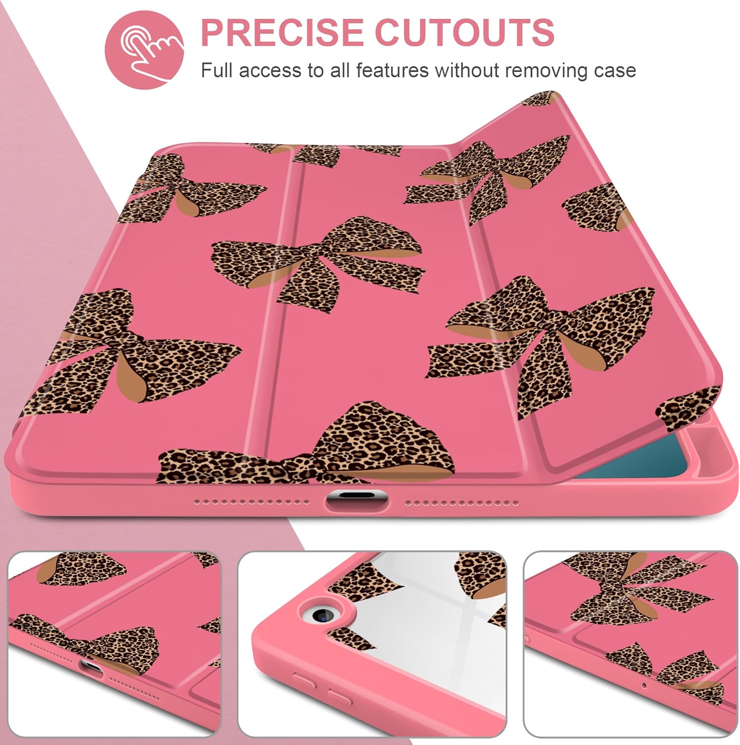 MEEgoodo Case for iPad 10.2 inch,Tablet Cases for iPad 9th Generation 2021/8th Gen 2020/7th Gen 2019 with Clear Acrylic Back Shell+Pencil Holder+Auto Wake/Sleep+Trifold Stand,Leopard Print Bows - Image 6