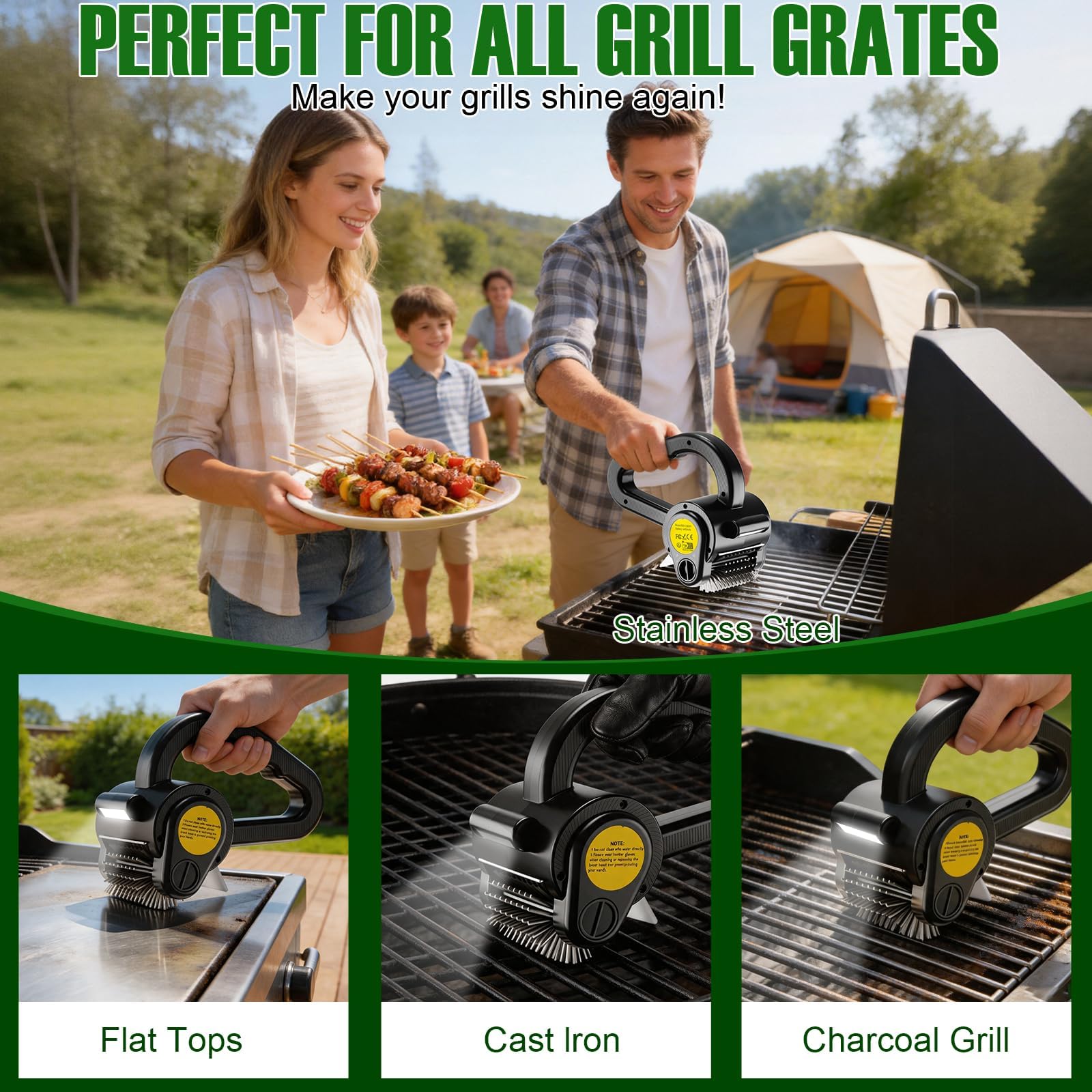 Spazzola elettrica per barbecue, motore ad alta potenza, testa rimovibile in acciaio inox, pulitore per barbecue con luce LED, facile da usare per barbecue e cucina