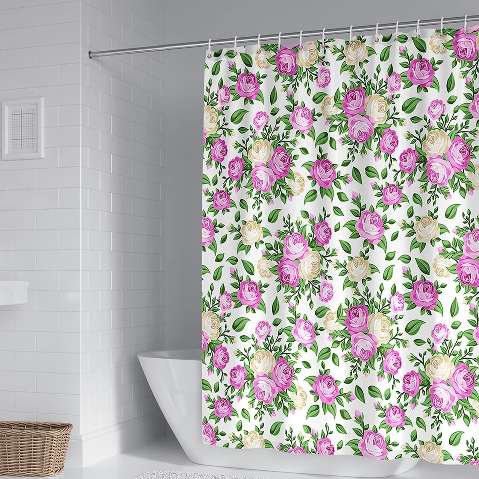Rideau de douche fleur rose et violet pour une salle de bain zen 180x200cm