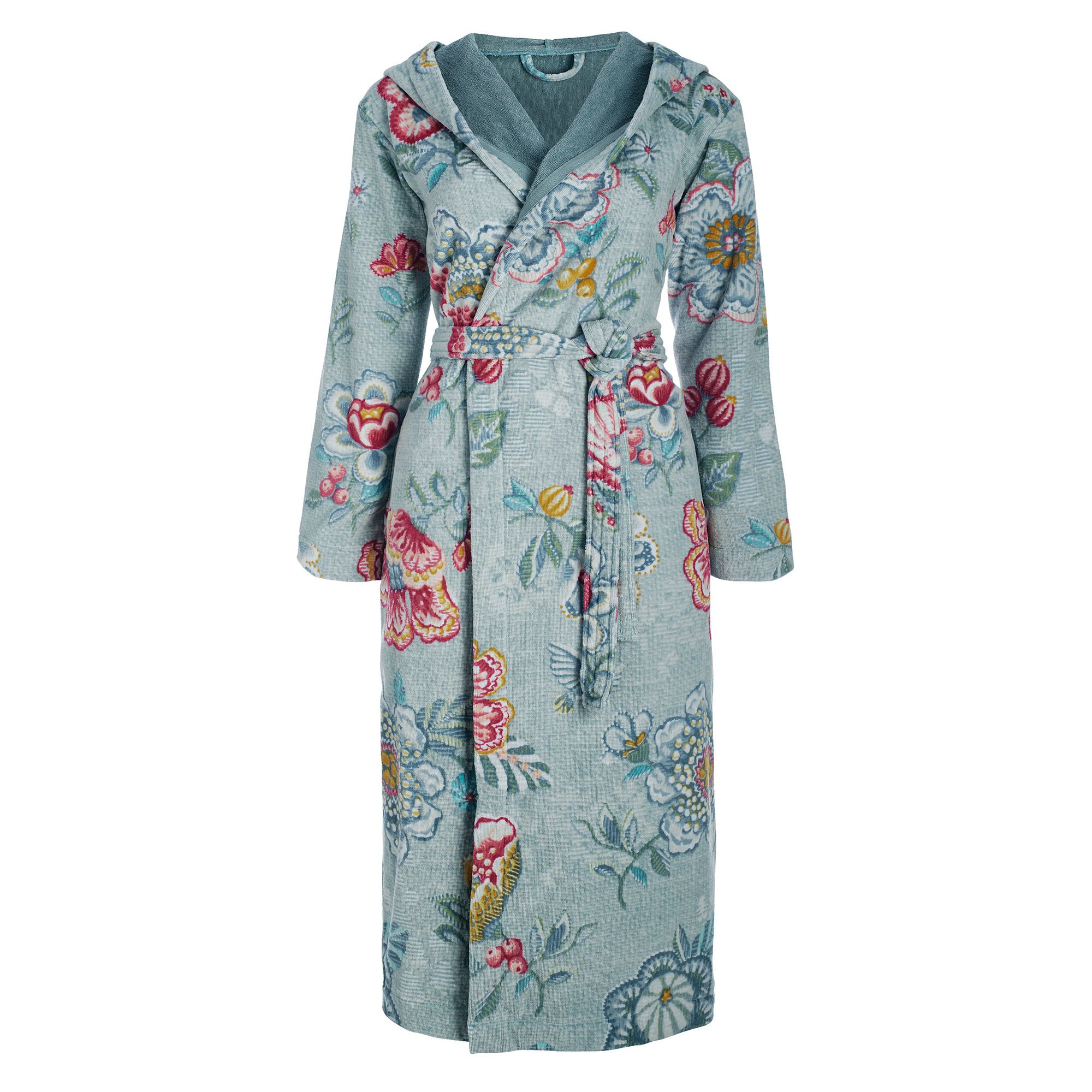 Pip Studio berry bird terry cloth bath robe, dressing gown, house coat with hood, floral print, 100% Cotton, blue, XXL