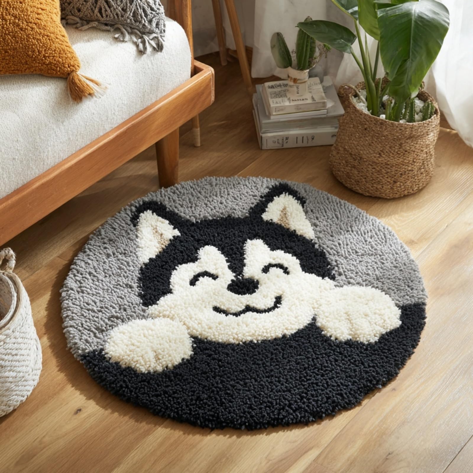 WallustrioaW DIY Latch Hook Rug Kits for Beginners Adults,Cartoon Husky Puppy,Latch Hook Rug Kits Carpet Making Crafts DIY Craft Gifts,50x50cm