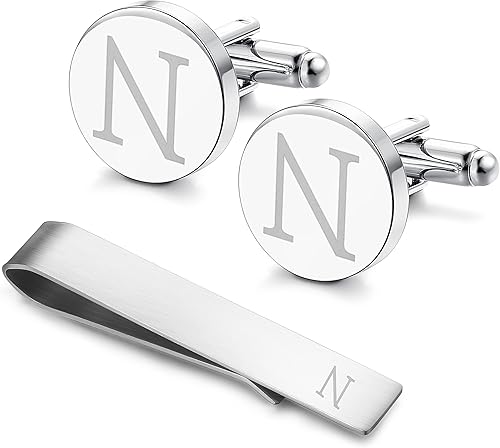 Miniatura 7 de LOYALLOOK - Gemelos de acero inoxidable grabados con inicial y clip de corbata diseño de letras del alfabeto con caja de regalo A-Z