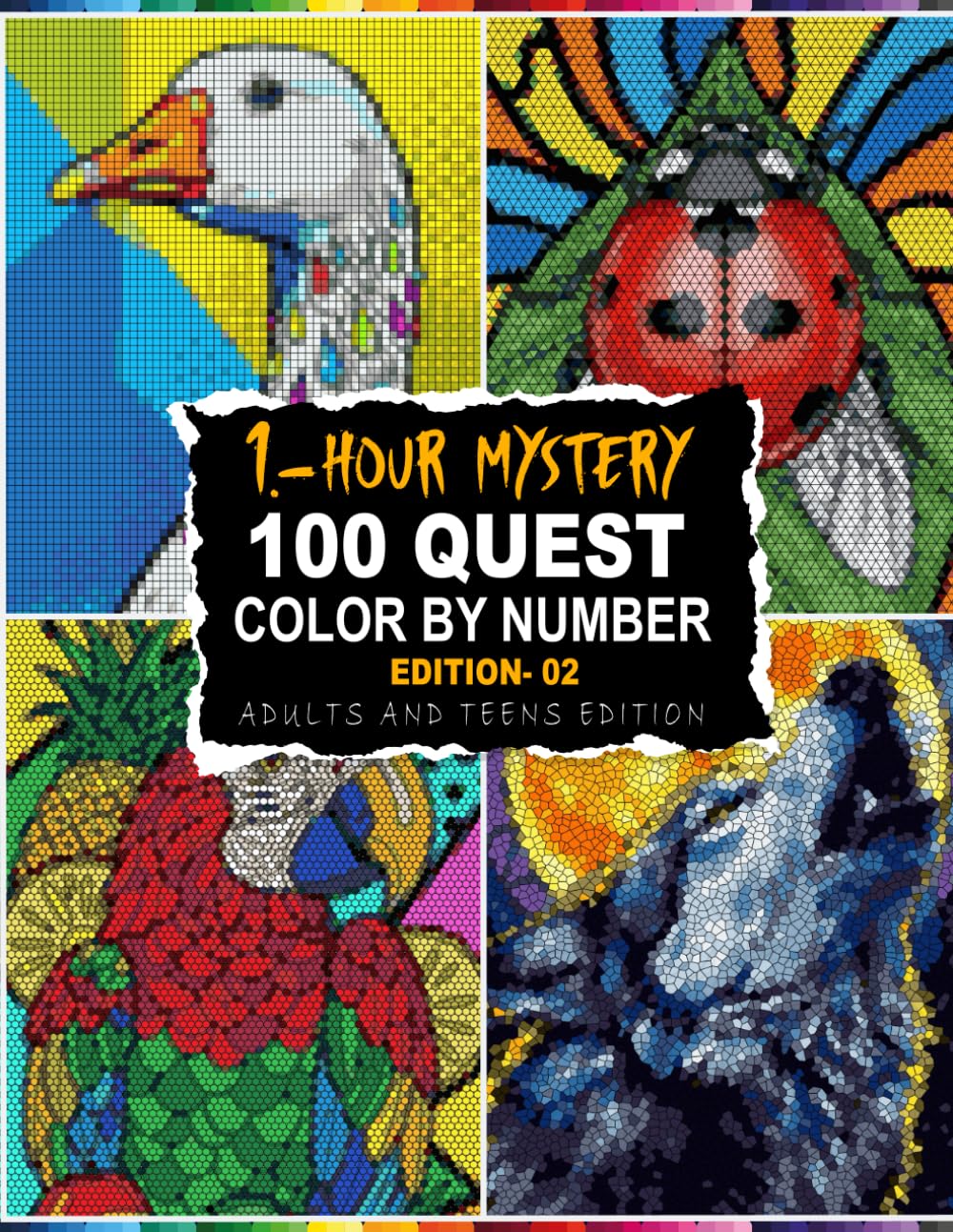 1-Hour Mystery Mosaic 100 Quest Edition -02: Master Palette Mysteries Color by Number Adults and Teens With Circles, Triangles, Hexagons, and More