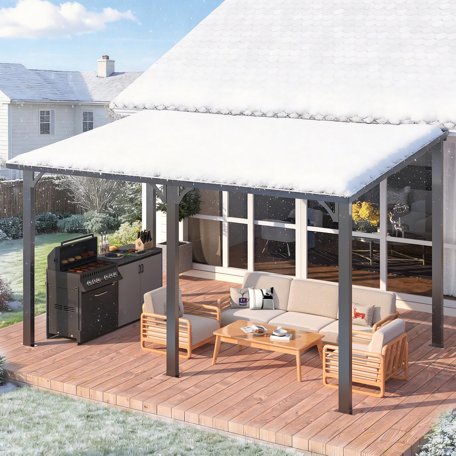 U-MAX 14' x 8' Hardtop Gazebo installed on a patio next to a house, providing shade over outdoor furniture and a grill.