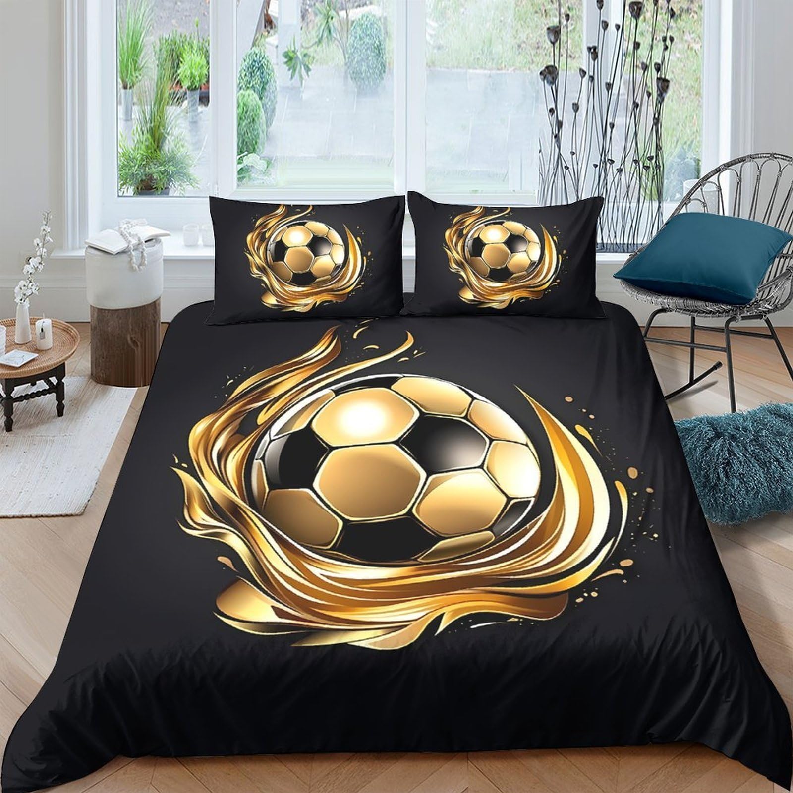 Ctjqhvkz Style-1 3D Printed Golden Football Fitted Sheet Microfiber Black Soccer Bed Cover For Adult Teen Bedroom Dorm Mattress Decor Single（135X200cm）