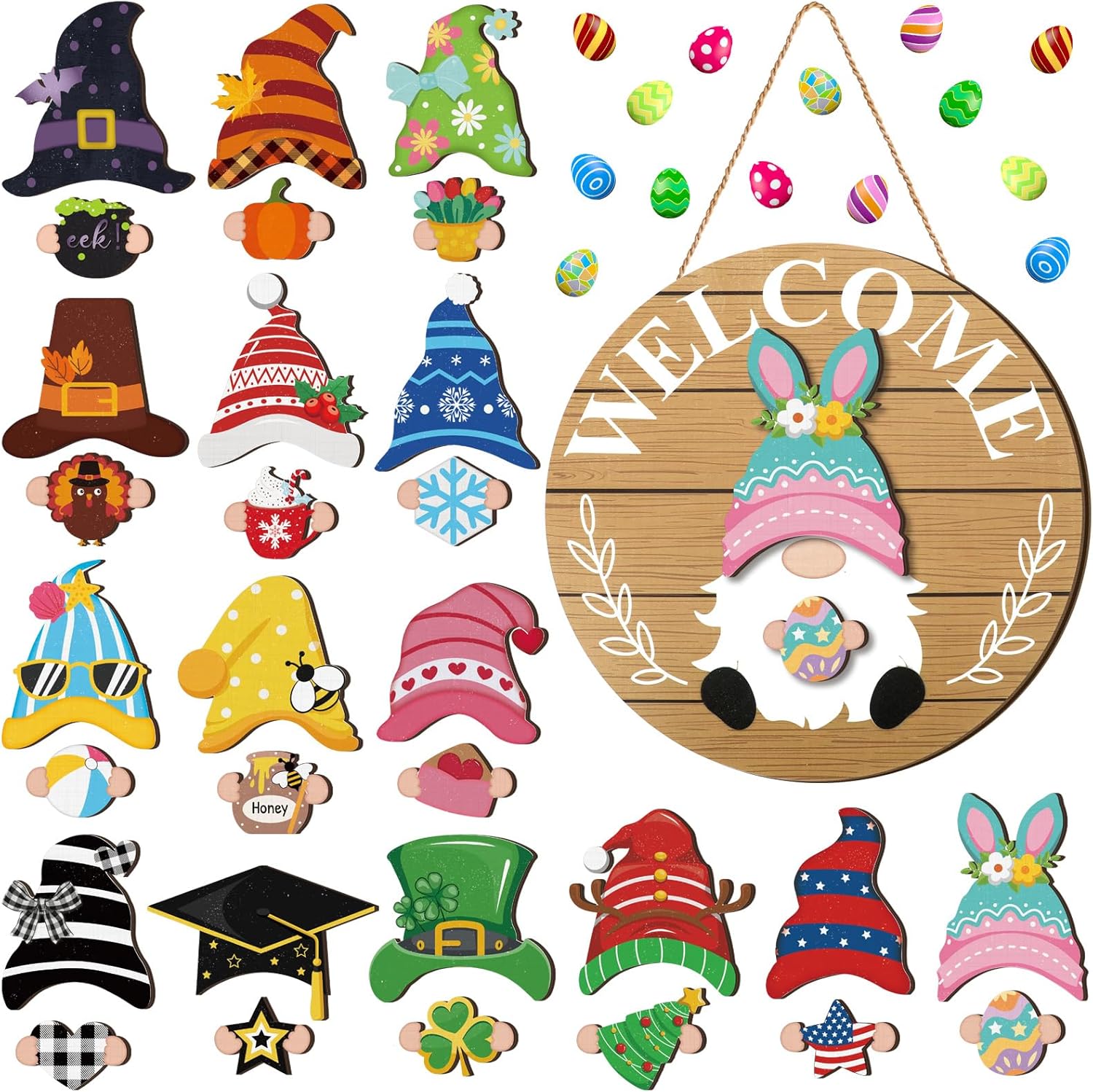 Qunclay Interchangeable Wooden Gnome Seasonal Decor - Magnetic Hats, Detachable Accessories & Welcome Sign for Year-Round Home Charm (Delicate Style)