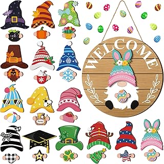 Qunclay Interchangeable Wooden Gnome Decor Holiday Seasonal Gnome Decorations with Magnet Pieces and Detachable Hats Changeable Welcome Sign for Home(Delicate Style)