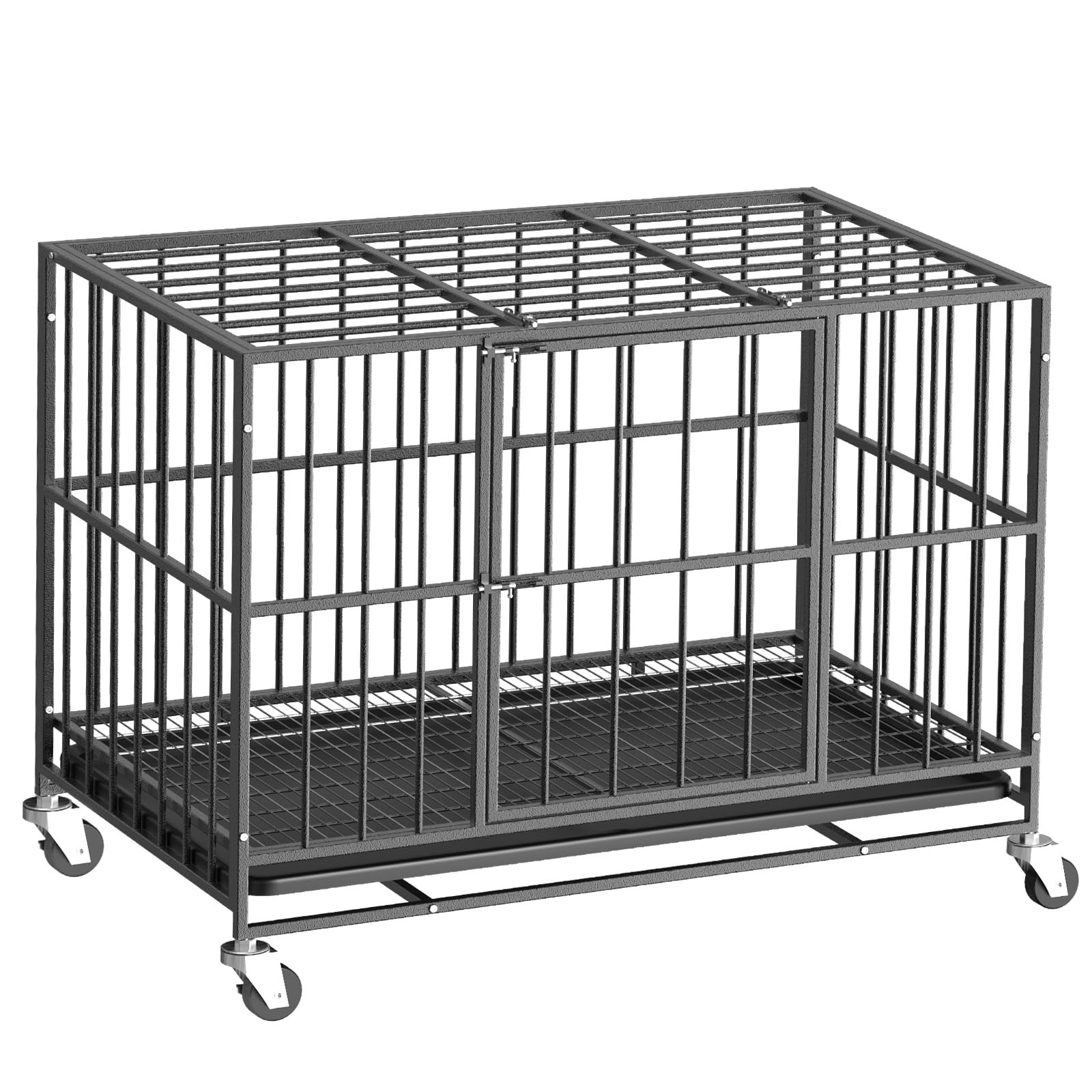 Heavy Duty Indestructible Dog Crate 42in with Removable Trays, Escape-Proof Double Door for High Anxiety Dog, Kennel with Lockable Wheels for Large XL