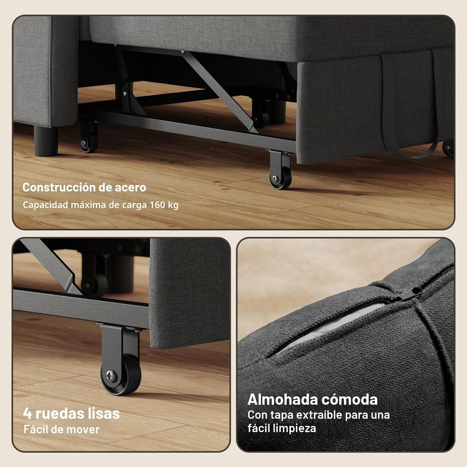 Xbro Sofá Cama Convertible Sillón Cama Plegable 3 en 1 con función de Cama, sofá Cama Ajustable con cojín y Saco, sillón con función de Dormir para apartamento pequeño (Gris Oscuro)