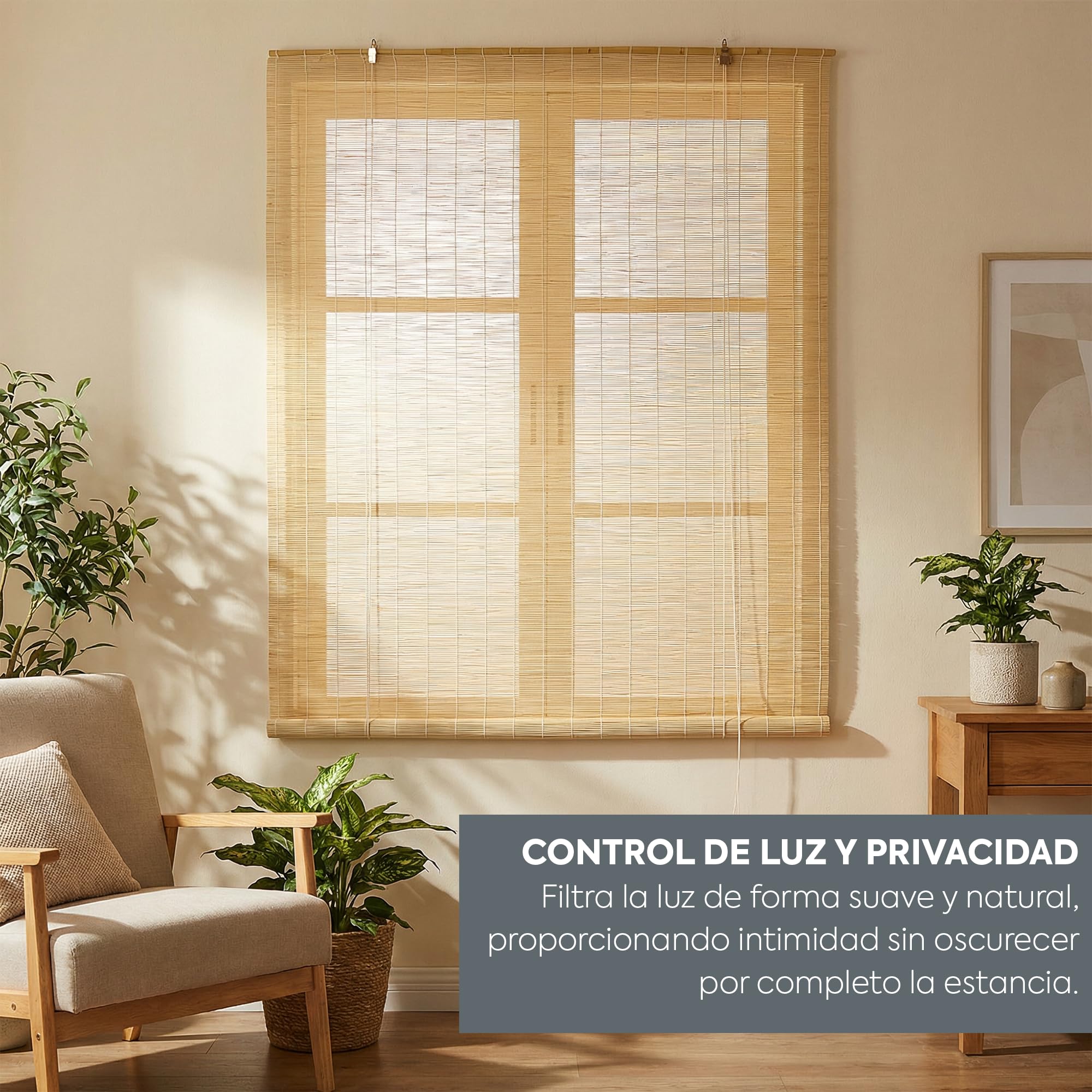 HERSIG - Estor Enrollable de Bambú Natural 150 x 200 cm - Persiana Enrollable Interior y Exterior - Estilo Natural para Ventanas - Privacidad y Fácil Instalación - Marron Claro (Medidas aproximadas)