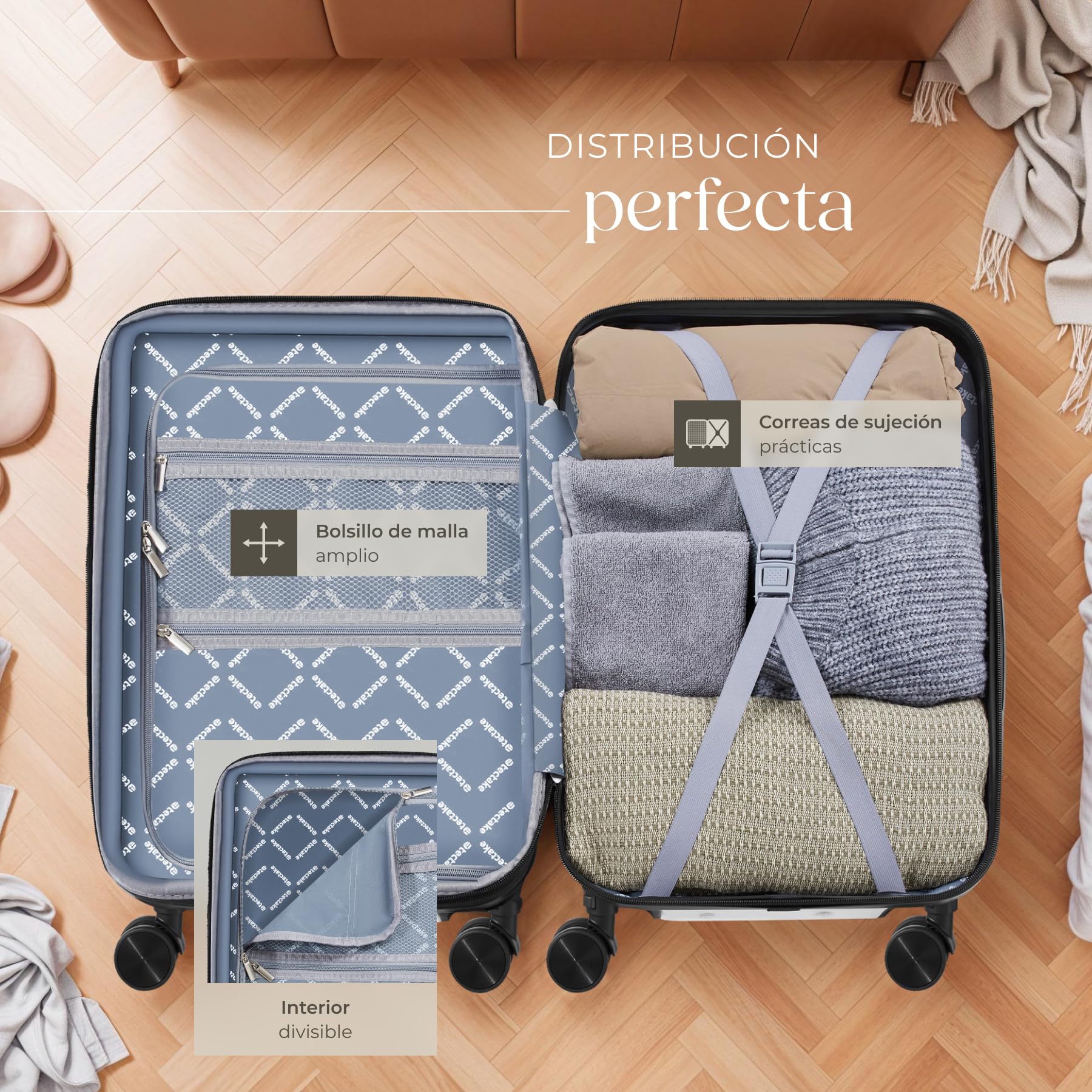 tectake® Juego de Maletas Apilables, 3 Piezas, Plástico ABS Resistente, Maletas de Viaje con Ruedas Giratorias 360°, Maleta Cabina, Maleta Mediana, Maleta Grande, TSA - Blanco