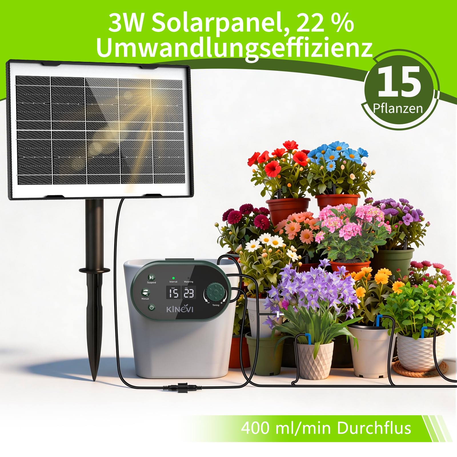 Solar Bewässerungssystem, Garten Automatisches Bewässerungs mit 22 Modi Timer, 15M Schlauch & 15 Tropfstrahler, Tropfbewässerung Set für Balkon, Hochbeet, Gewächshaus & Outdoor Topfpflanzen (3W)