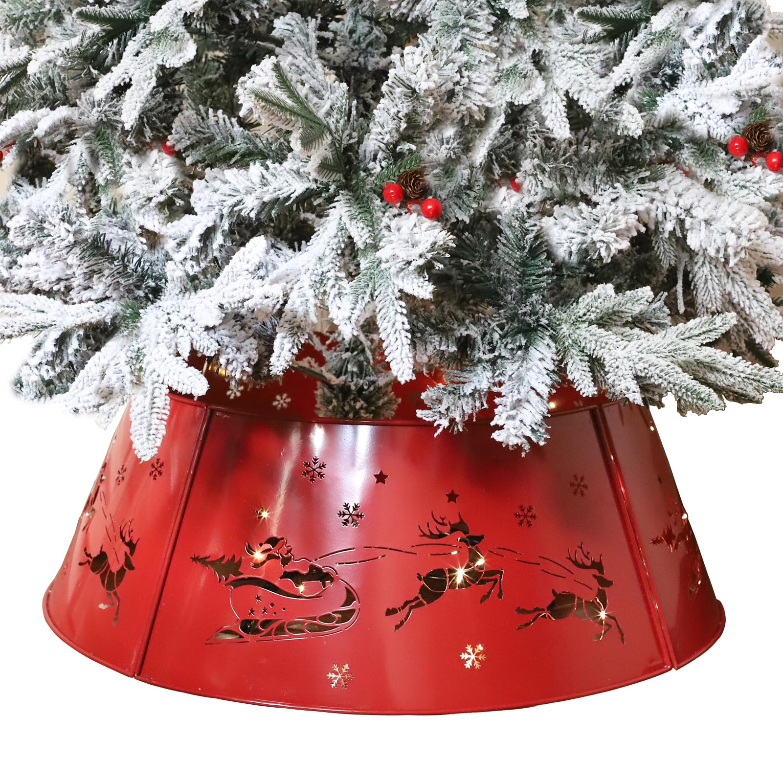 WKHOMEDECO Red Cutout Santa on Sleigh Christmas Tree Collar with String Lights, Metal Christmas Tree Collars for Artificial Trees, Beautiful Tree Collar for Pencil Tree Decorates Your Holiday...