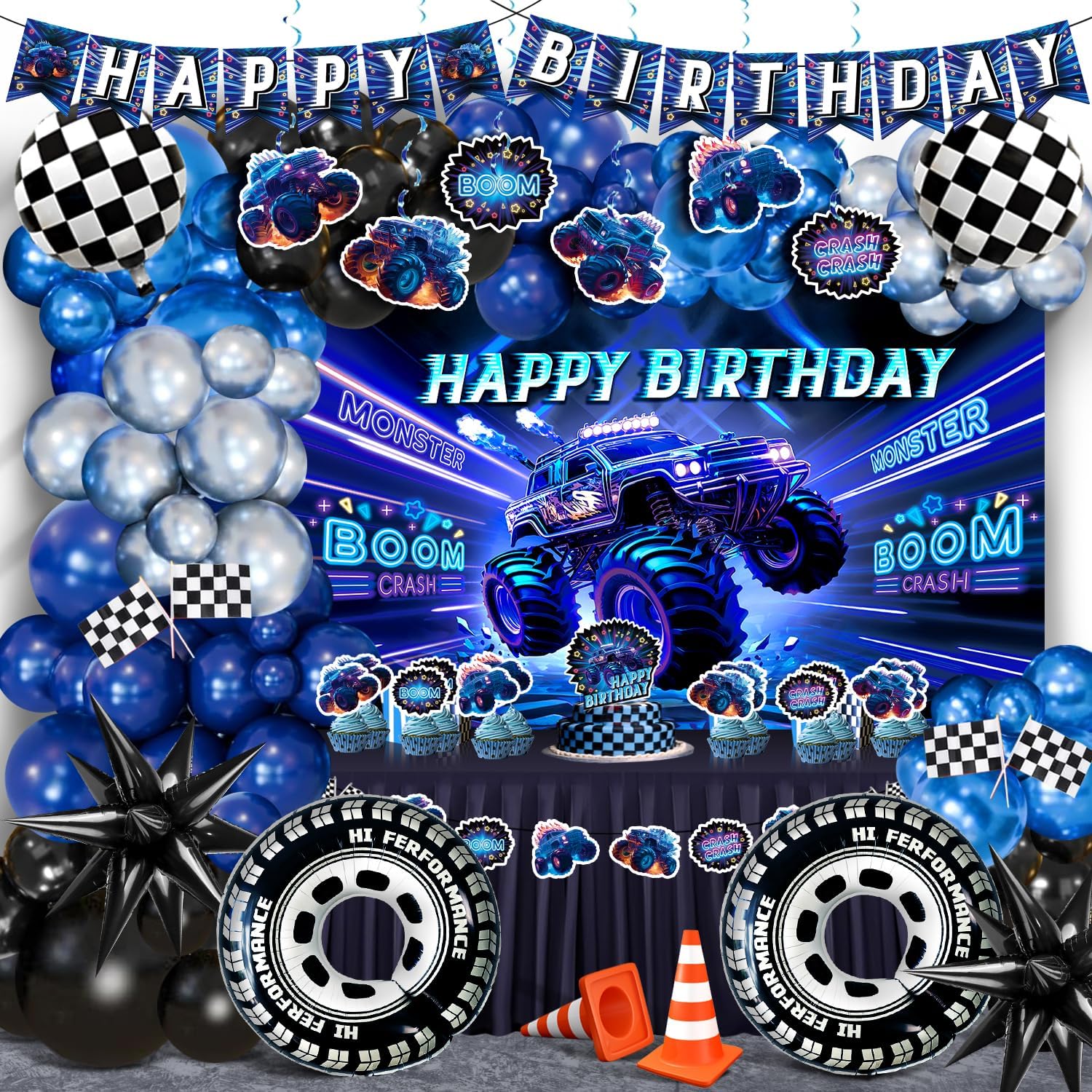 Monster Truck Birthday Party Decorations - Racing Balloon Arch kit Large Wheel Checkered Balloon Birthday Banner Backdrop Tablecloth Hanging Swirls Cake Toppers Checkered Flags