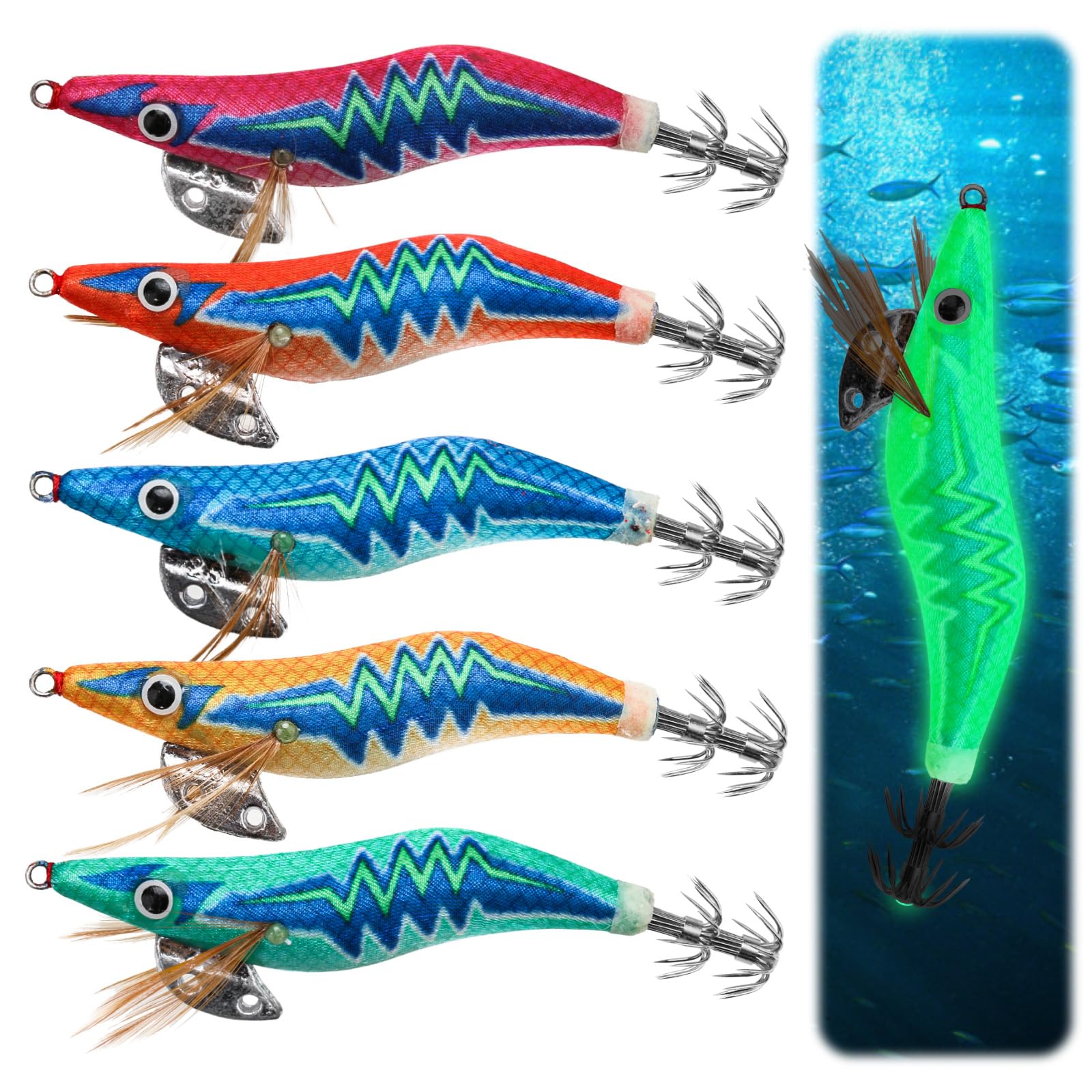 5pcs Squid Jig Luminous Fishing Lures,Sea Fishing Tackle Kit Fluorescent Squid Jigs Hooks Hard Bait Fishing Shrimp Baits Saltwater Glow Fake Prawn Lure Sleeve Octopus Cuttlefish