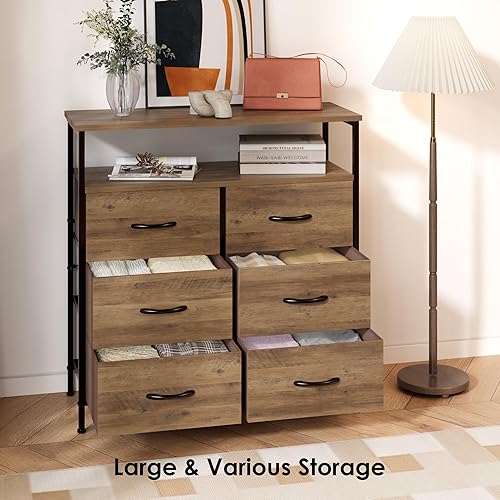 Miniatura 5 de Cómoda de tela para dormitorio con 6 cajones, soporte de TV con estantes abiertos, cómoda para armario, ropa, parte superior de madera, cajones de