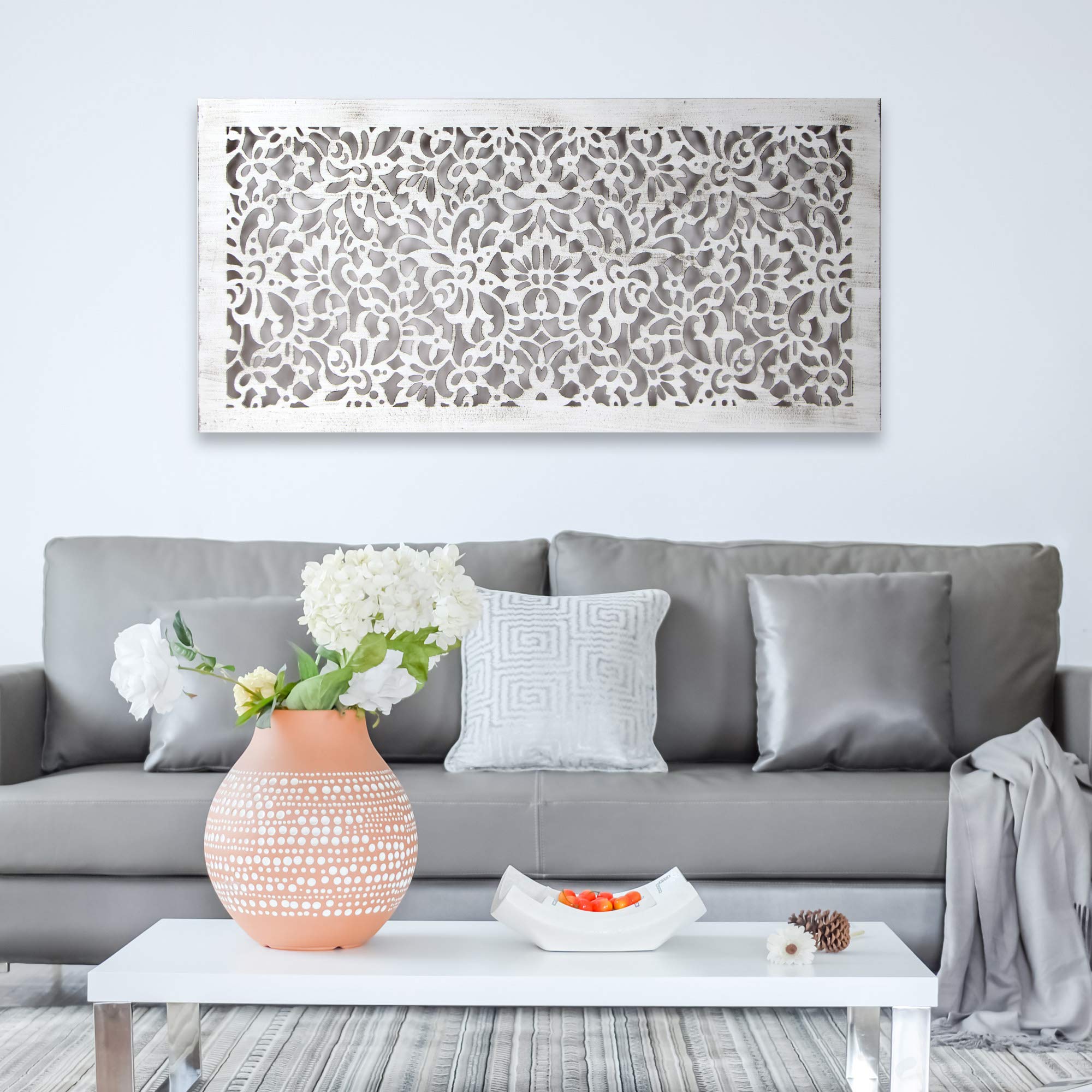 Cuadro Mandala de Pared Calada, Fabricado Artesanalmente en España - Decorado a Mano - Cuadro Decoración (60x120 cm, 154 blanco envejecido)