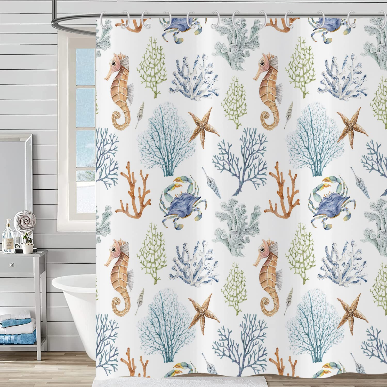 Nautical Coastal Shower Curtain 180x200, Hnmdmyi Beach Themed Starfish Seahorse Crab Coral Bathroom Curtains with Hooks Ocean Marine Life Waterproof Polyester Fabric Washable Bath Curtain for Wet Room — image 1