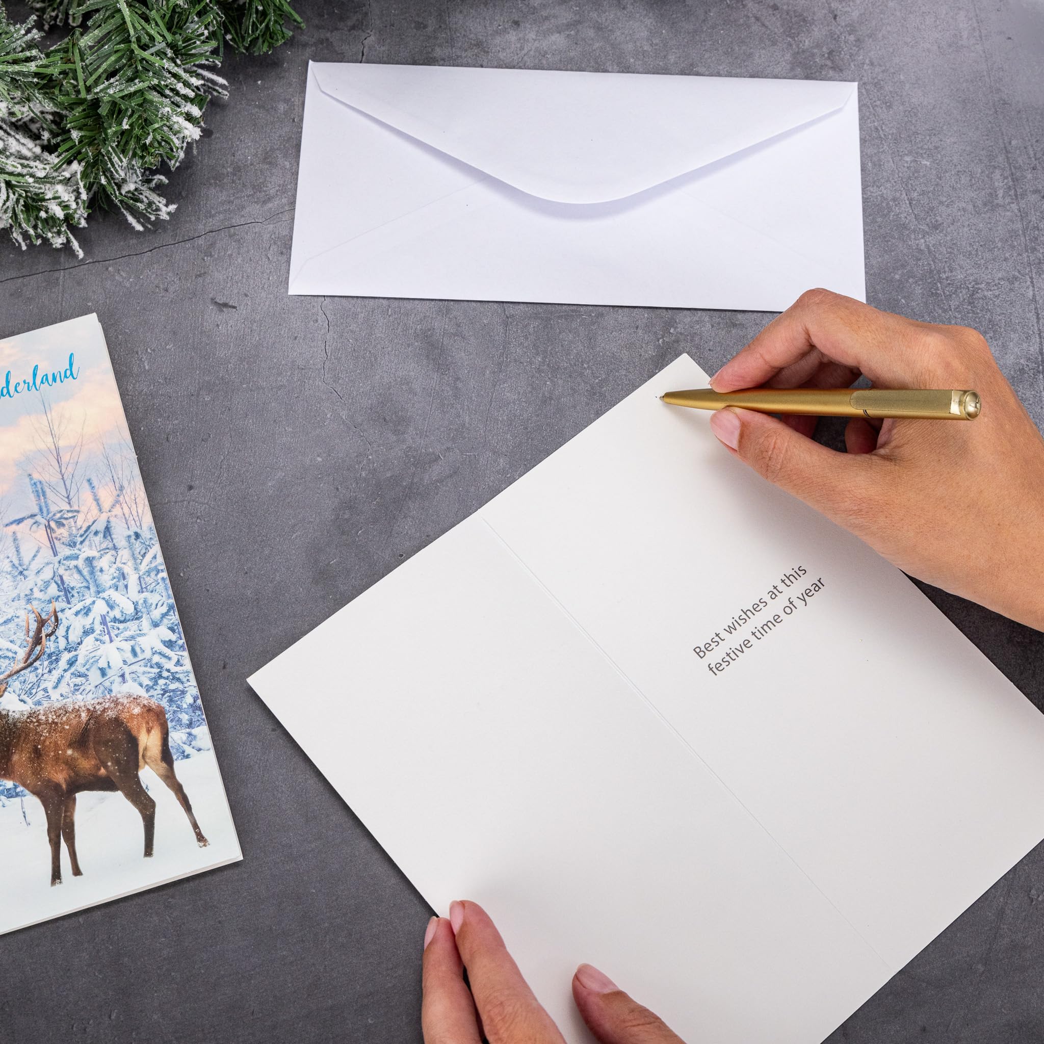 evelay Christmas Cards Pack 16 Slim Traditional Deer Fox Photo Xmas Card Set including White Envelopes Included (Deer, Fox) - Image 4