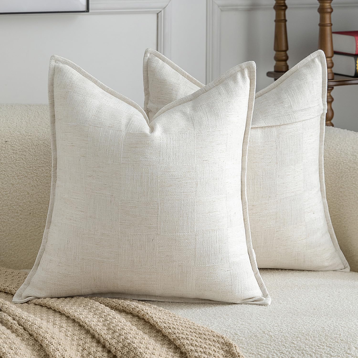 Madizz Pack of 2 Decorative Cushion Covers 40x40 CM Natural White Soft Linen Blend Throw Pillows Solid Textured Pillow Covers for Couch Sofa Bedroom Living Room