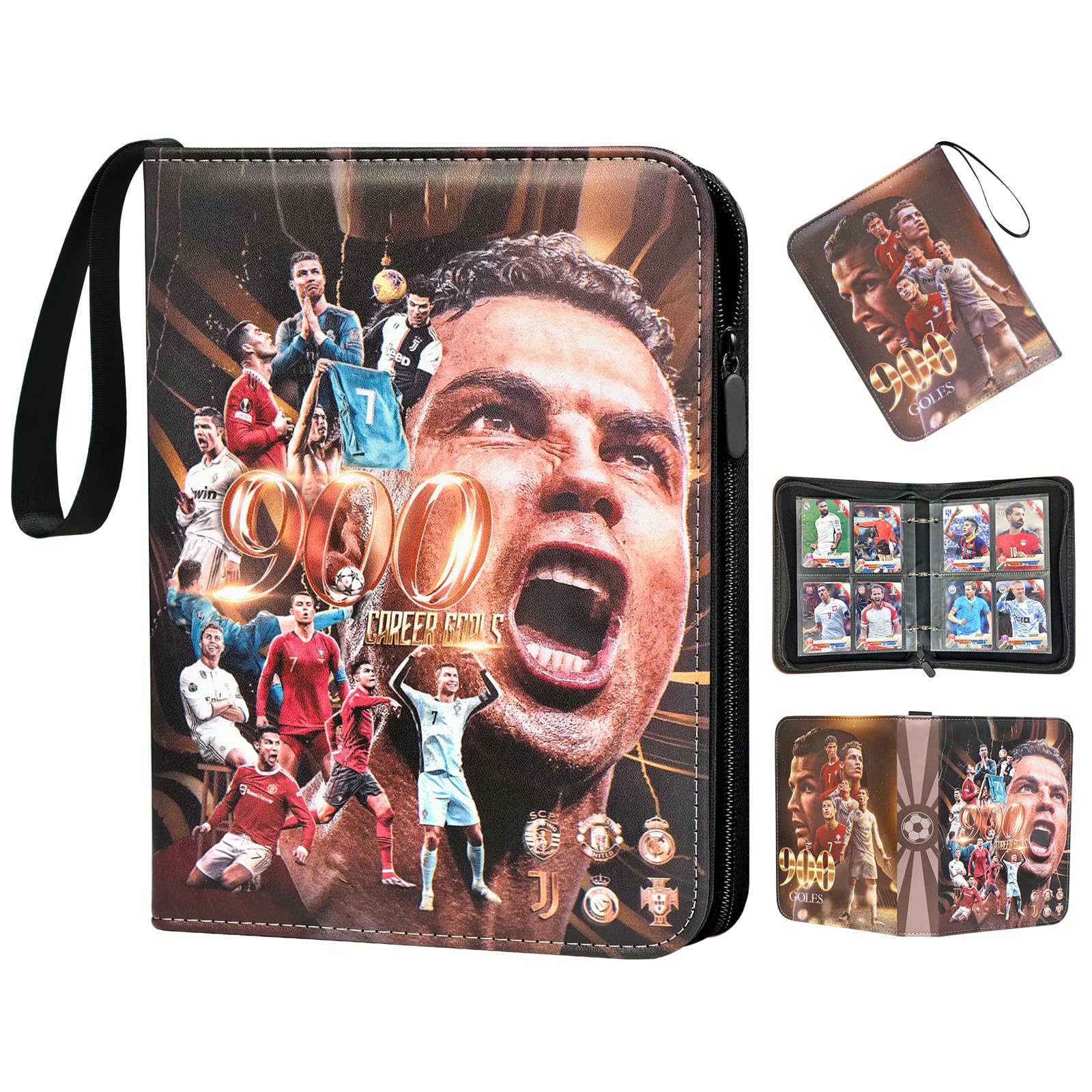 Oirigaga Fussball Sammelkarten Album, 4 Taschen Fußball Karten Sammelalbum, 400 Karten Sammelmappe Sammelheft Sammelbuch mit 50 Hüllen und Reißverschluss Tragegriff, Wasserdicht PU-Leder Heft Ordner