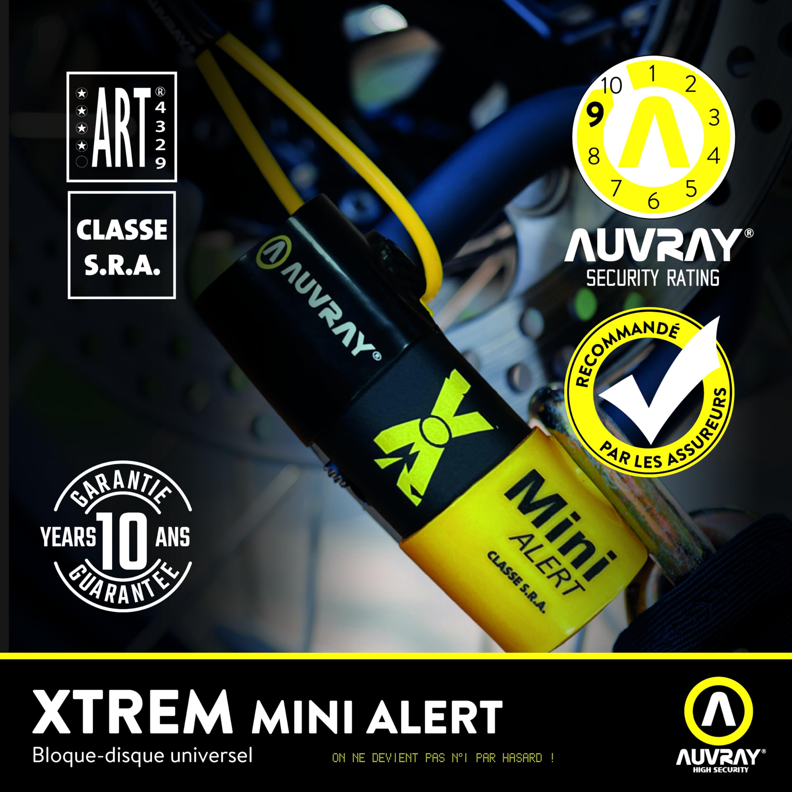 AUVRAY - Antivol Bloque Disque Moto XTREM Mini Alert - Certifié Art 4329 & SRA - Alarme intégrée 120 DB - Niveau de sécurité 9/10 - Haute sécurité - Recommandé par Les Assureurs - Garantie 10 Ans