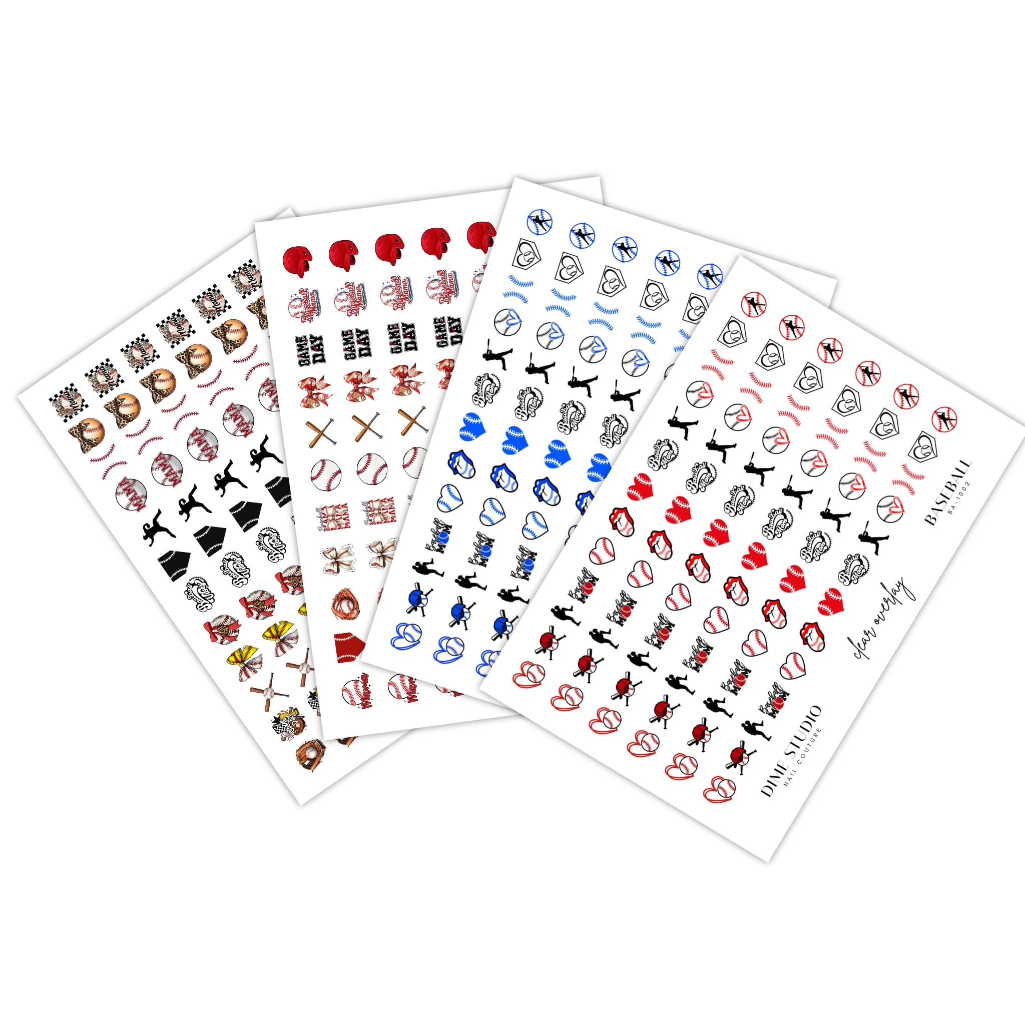 Baseball Nail Decals Softball Mom Nail Art Bows Baseball Bat Nail Designs Water Transfer Clear Overlay (4PC Bundle)