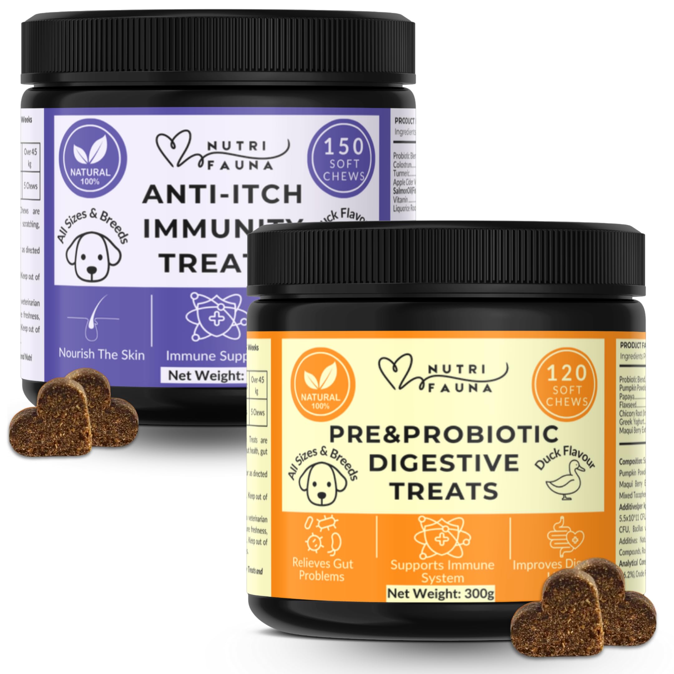 Nutri Fauna Pre&Probiotic Digestive Treats For Dogs - Gut Health, Sensitive Tums, Anal Glands, Scooting, Loose Stools All Breeds Dogs -120 Chews (Probiotic & All-Itch)