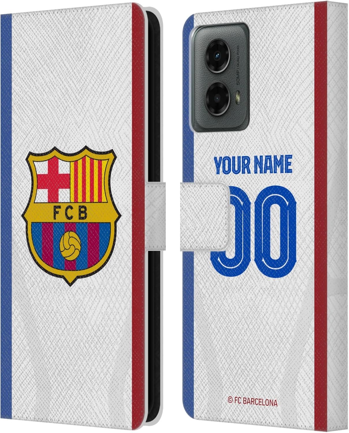 Head Case Designs Officially Licensed Custom Customized Personalized FC Barcelona Away 2023/24 Kit Leather Wallet Case Compatible with Motorola Moto G (2024)