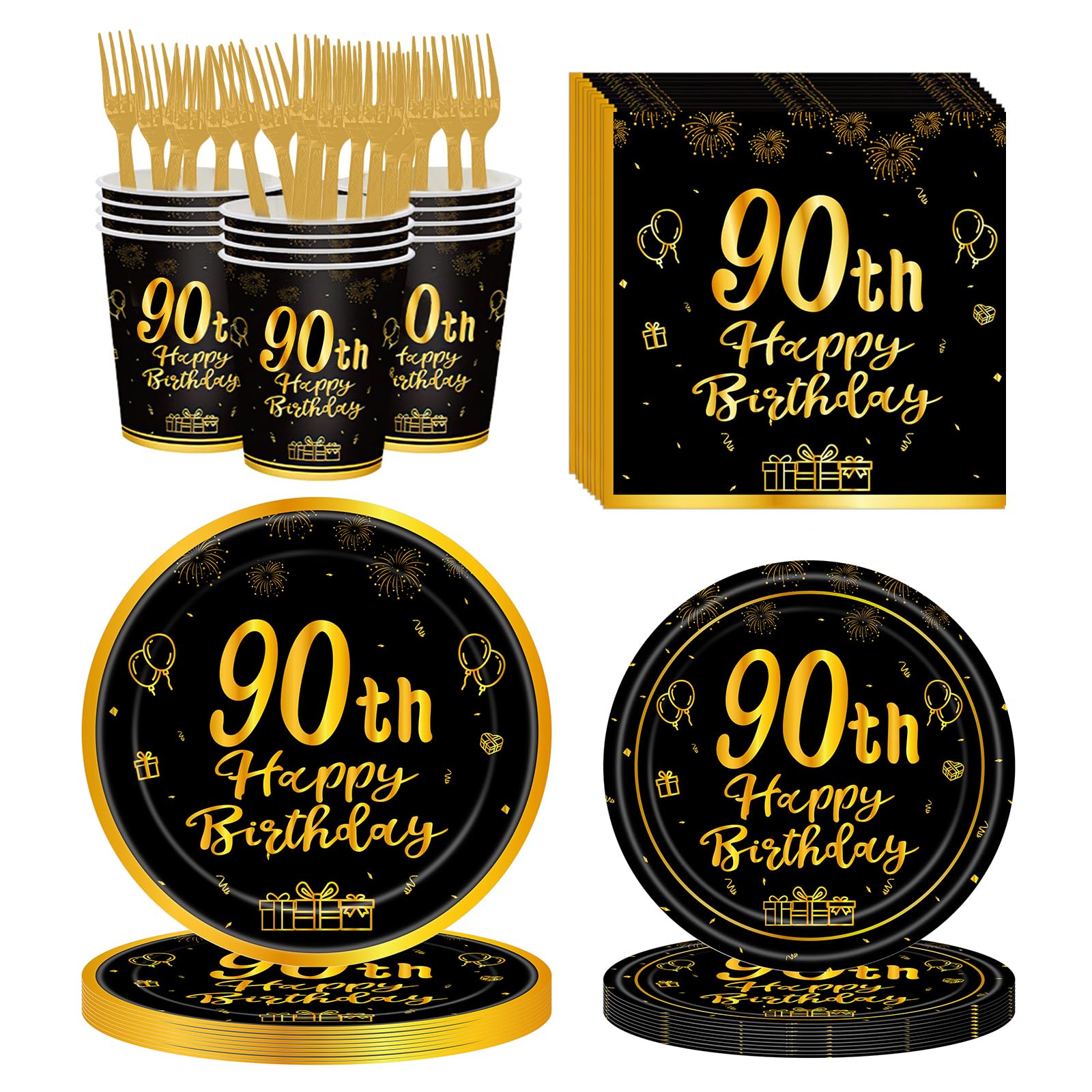 Lousuip 120Pcs 90th Birthday Party Supplies Plates Napkins Cups Forks Tableware Set Gold Black Happy 90th Birthday Themed Disposable Tableware