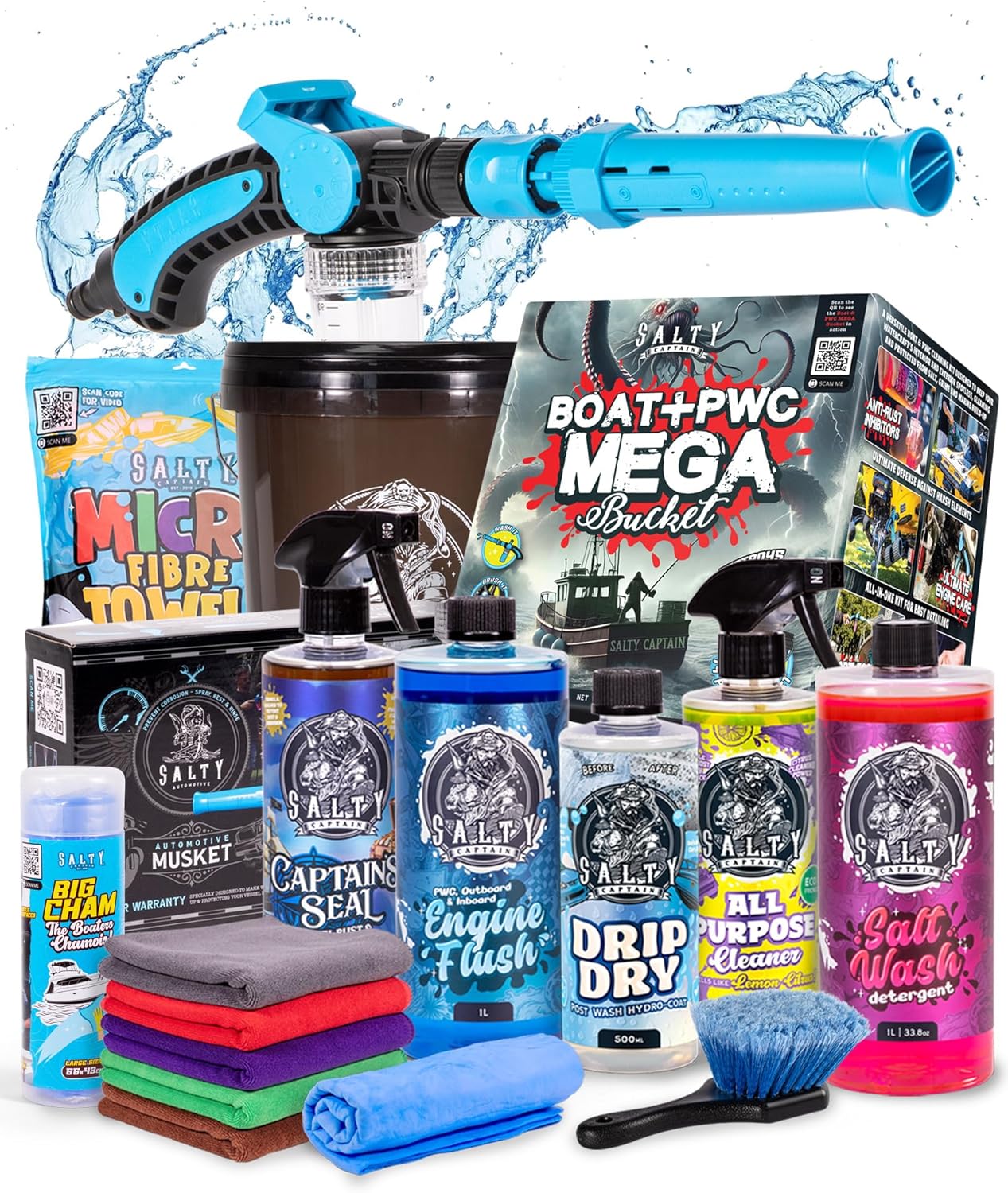 Salty Captain Boat & PWC Mega Cleaning Bucket – All-in-One Boat Wash Kit with Foam Gun, Salt Wash, Engine Flush & Rust Spray – Ultimate Marine Cleaning for Boats, Jet Skis & Watercraft