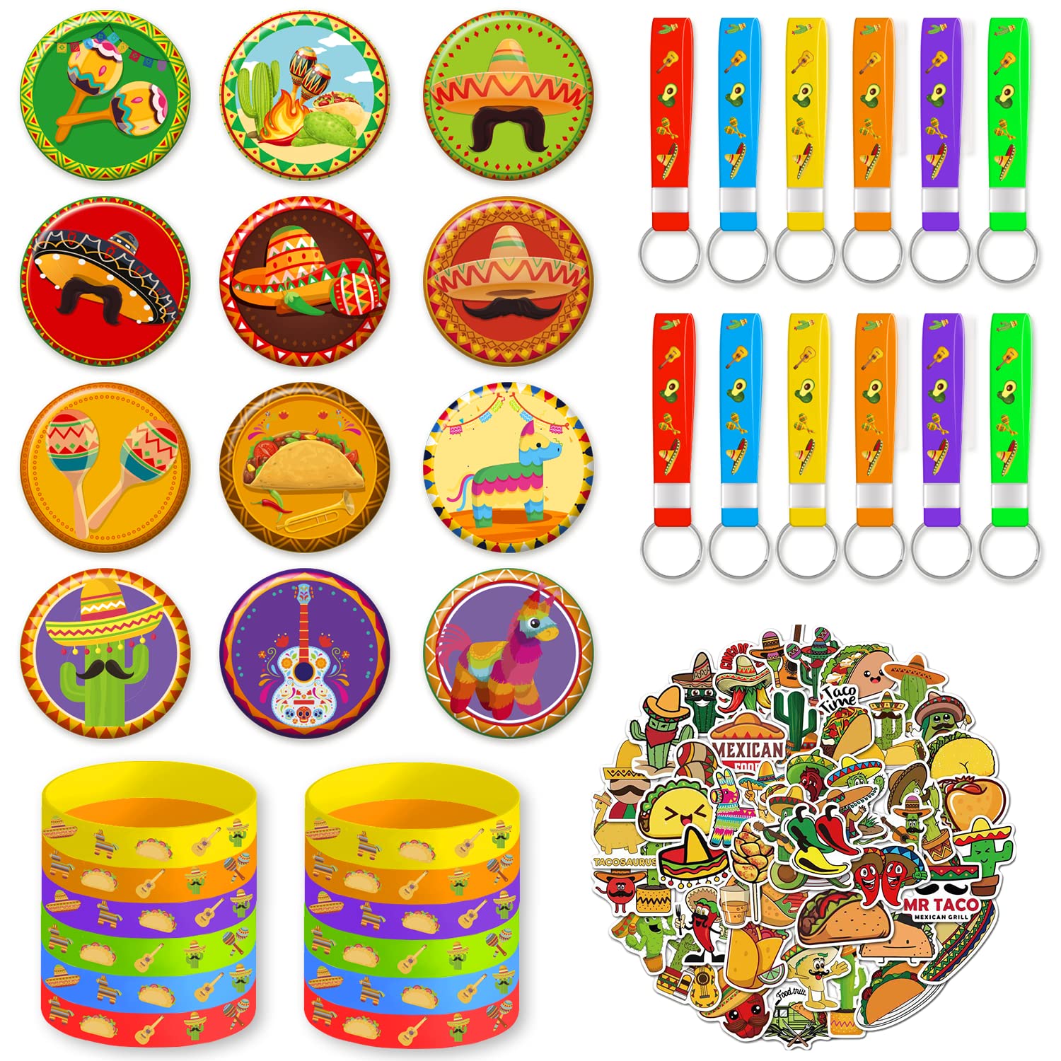 Photo 1 of ***BUNDLE X 3*** Mexican Party Favors, Cinco De Mayo Decorations ,Fiesta Birthday Party Decorations,Set Includes 12 Bracelets,12 Button Pins,12 Key Chain,40 Stickers