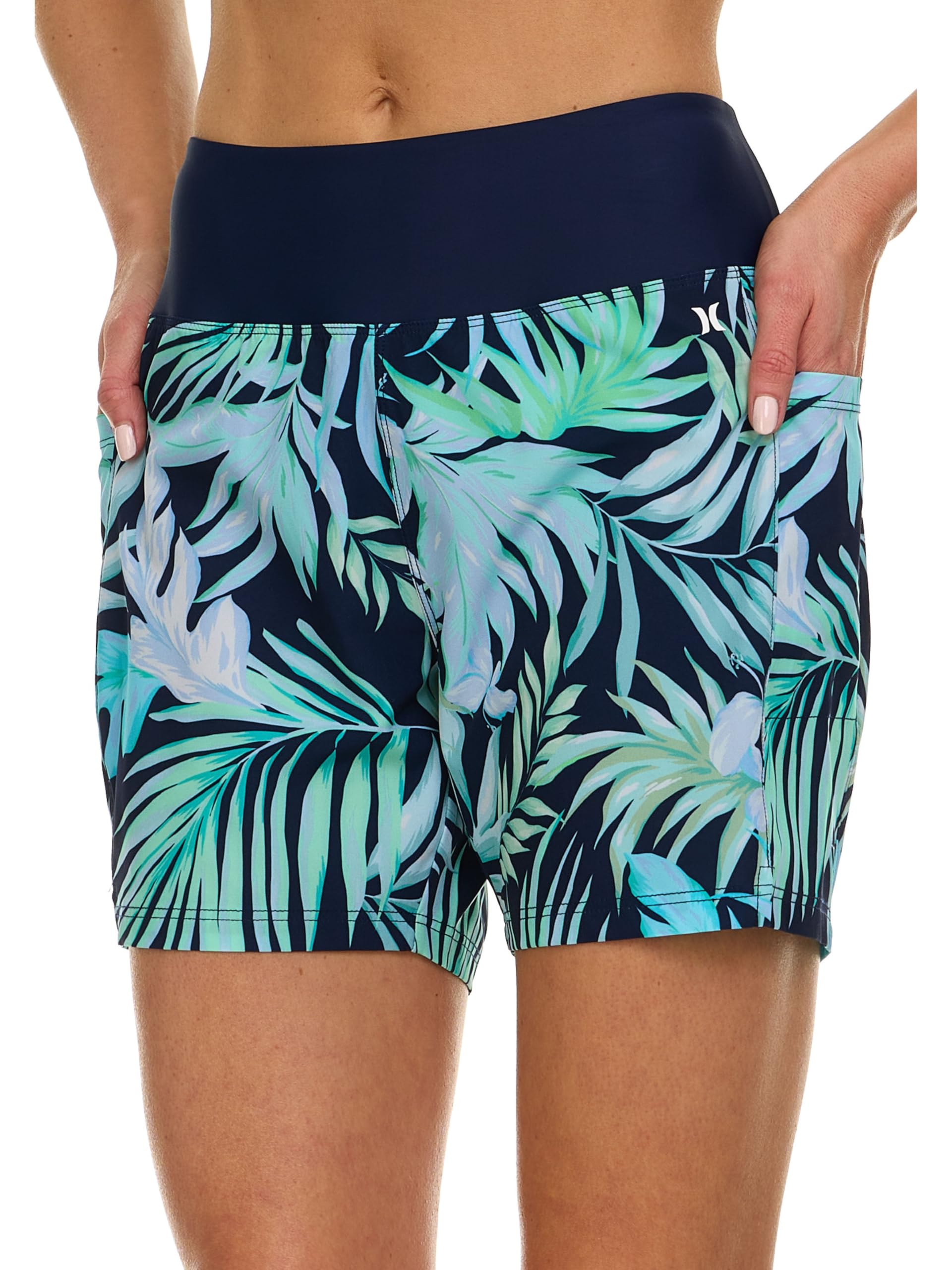 hurley high waisted swim shorts women, 5" board shorts with pockets & inner liner, quick dry bathing suit swim trunk, upf 50+ blue multi