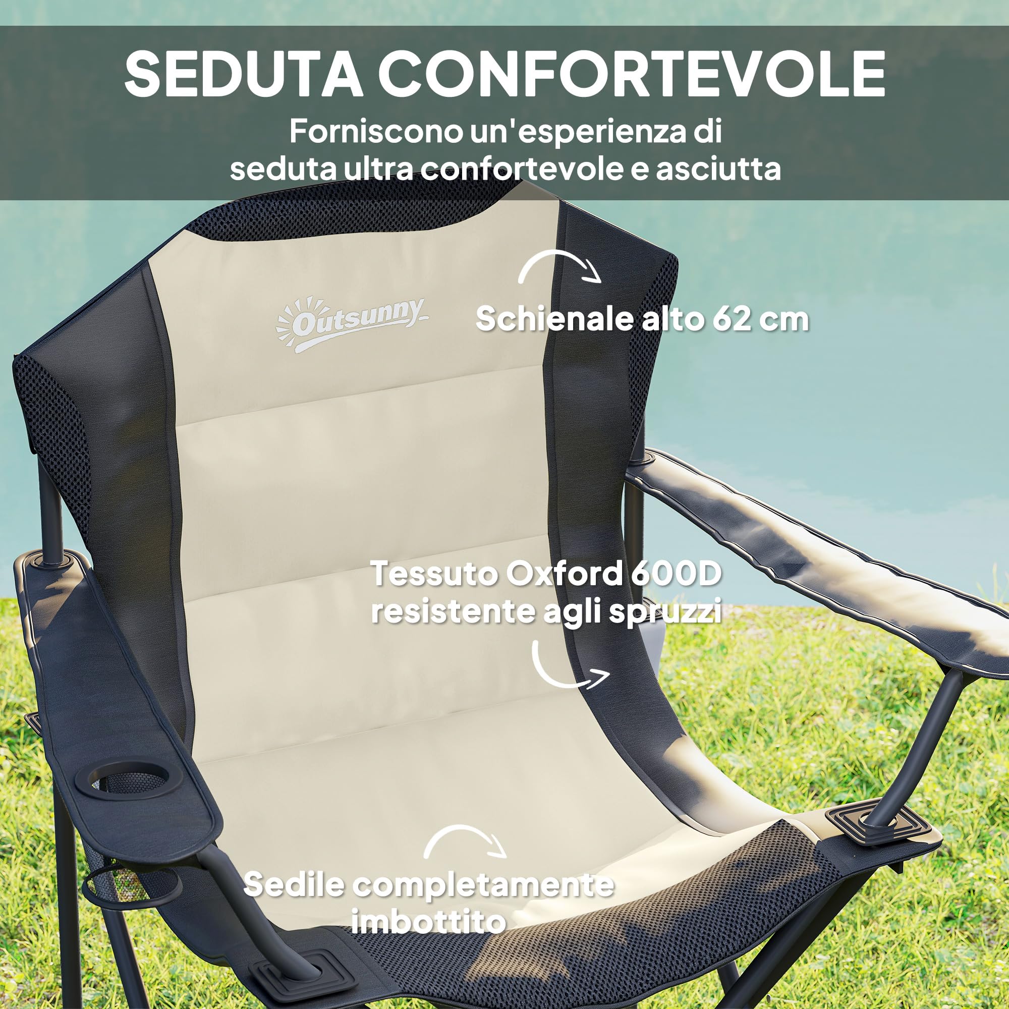 Outsunny Set di 2 Sedie da Campeggio Pieghevoli con Schienale Alto, Portabicchieri e Borse da Trasporto, Sedie per Esterno in Metallo e Tessuto Oxford, per Giardino Spiaggia Picnic Esterni, Crema