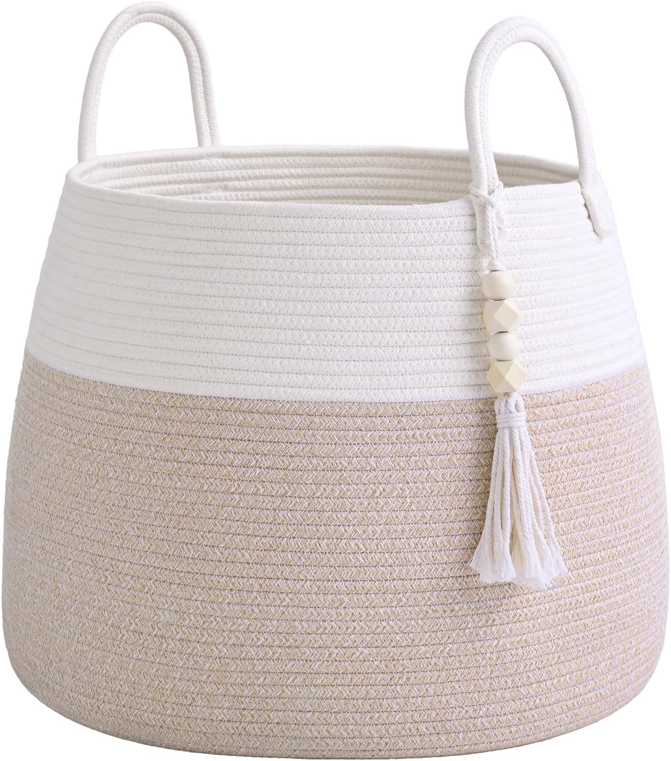 Large Nursery Hamper, 60L Blanket Basket with Handle, Baby Laundry Basket for Gift, Toy, Clothes, Woven Storage Basket with Wooden Bead Decor, Baby Hamper for Nursery(Brown)