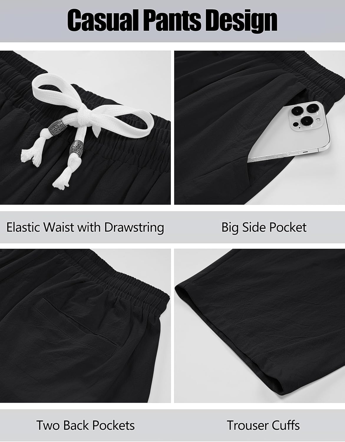 Cotrasen Men's Cotton Linen Capri Pants Loose Fit Elastic Waist Drawstring Baggy Harem Pants Casual Beach Yoga Trousers - Image 5