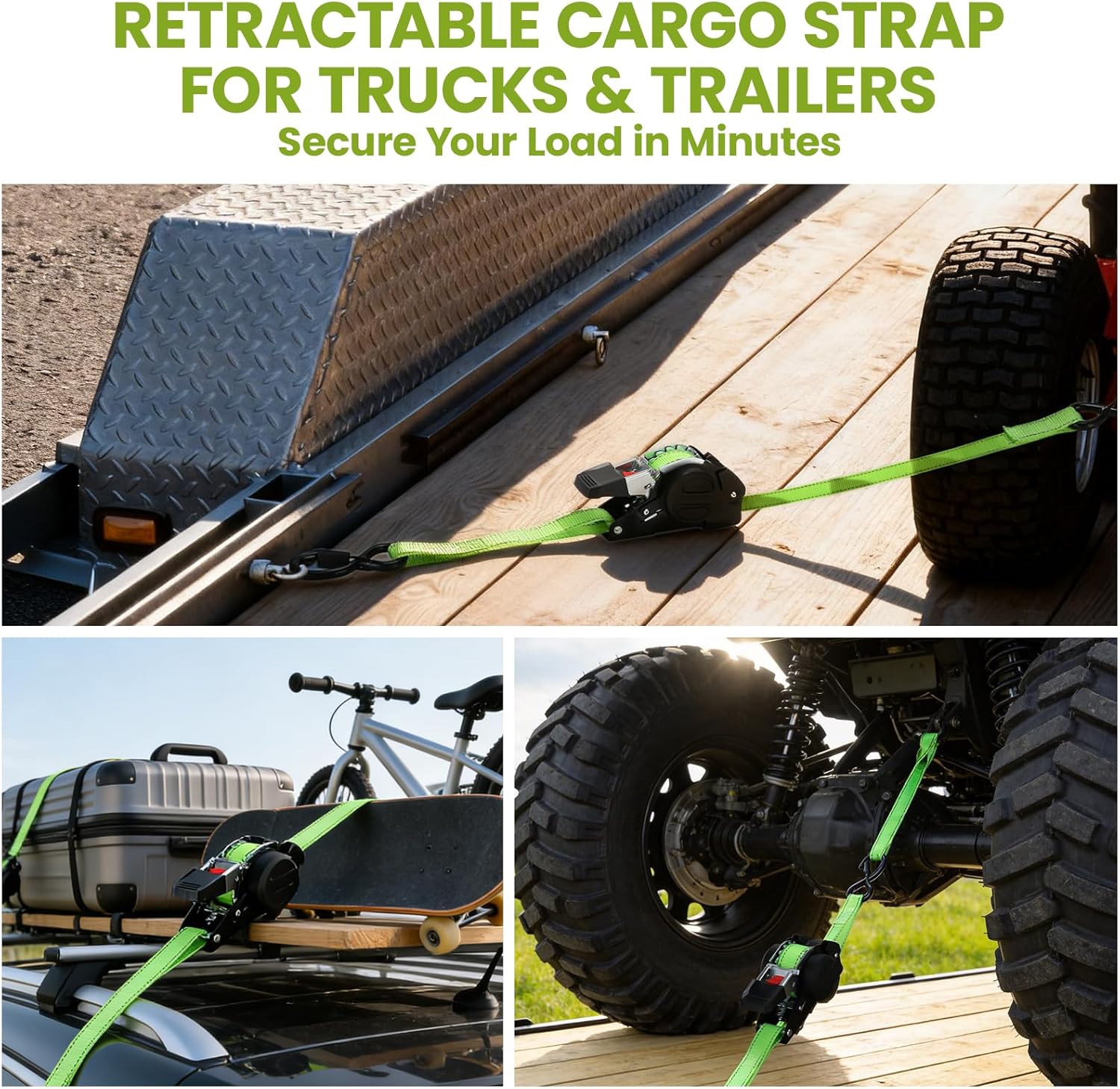 MEASUREMAN Ratchet Straps, 1" x 10Feet Retractable Heavy Duty Self Retracting Tie Down Straps for Truck, Cargo Trailer, 4 Pack Green