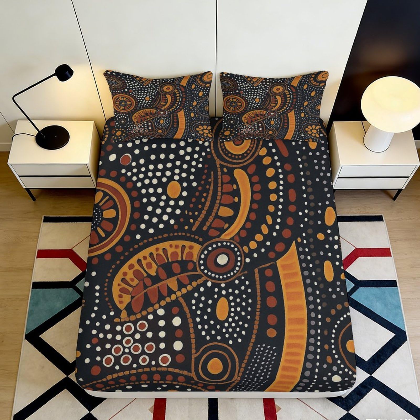 3D Printed Tribal Abstract Fitted Sheet Microfiber Soft Orange Black Dot Pattern Mattress Cover Bedroom Decor 90x200x25cm