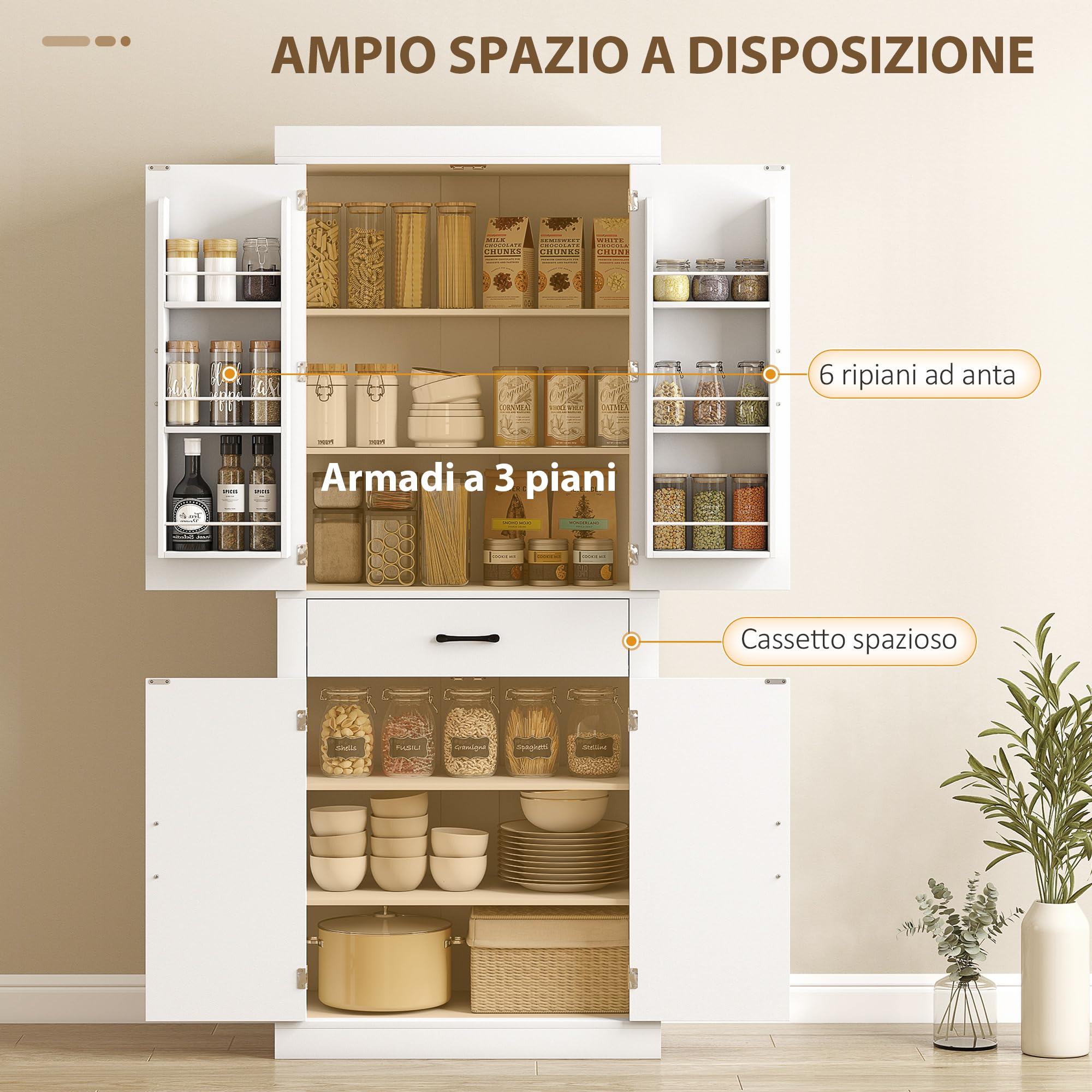 HOMCOM Credenza Cucina Alta 183.5 cm con 6 Portaspezie sulla Porta Bianco | 4 Ante a Fienile e Cassetto, Mobile Dispensa Rustico, Ripiani Regolabili, per Sala da Pranzo, Soggiorno