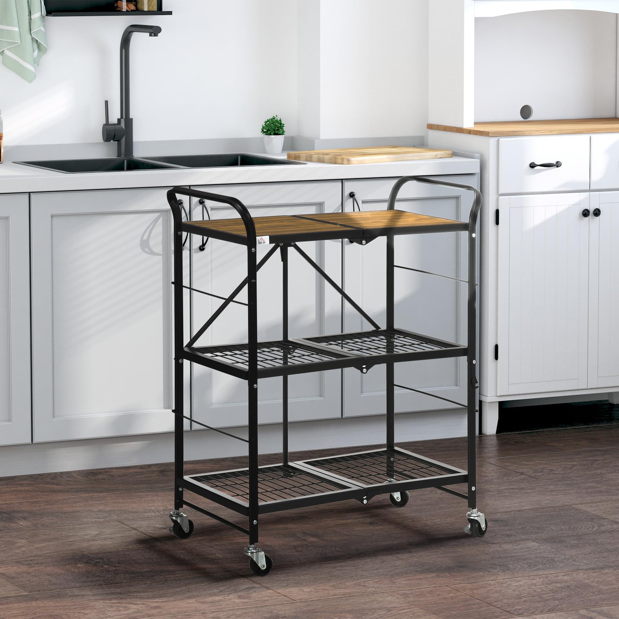 HOMCOM Servierwagen mit 3 Ebenen Küchenwagen Rollen Griff Braun+Schwarz
