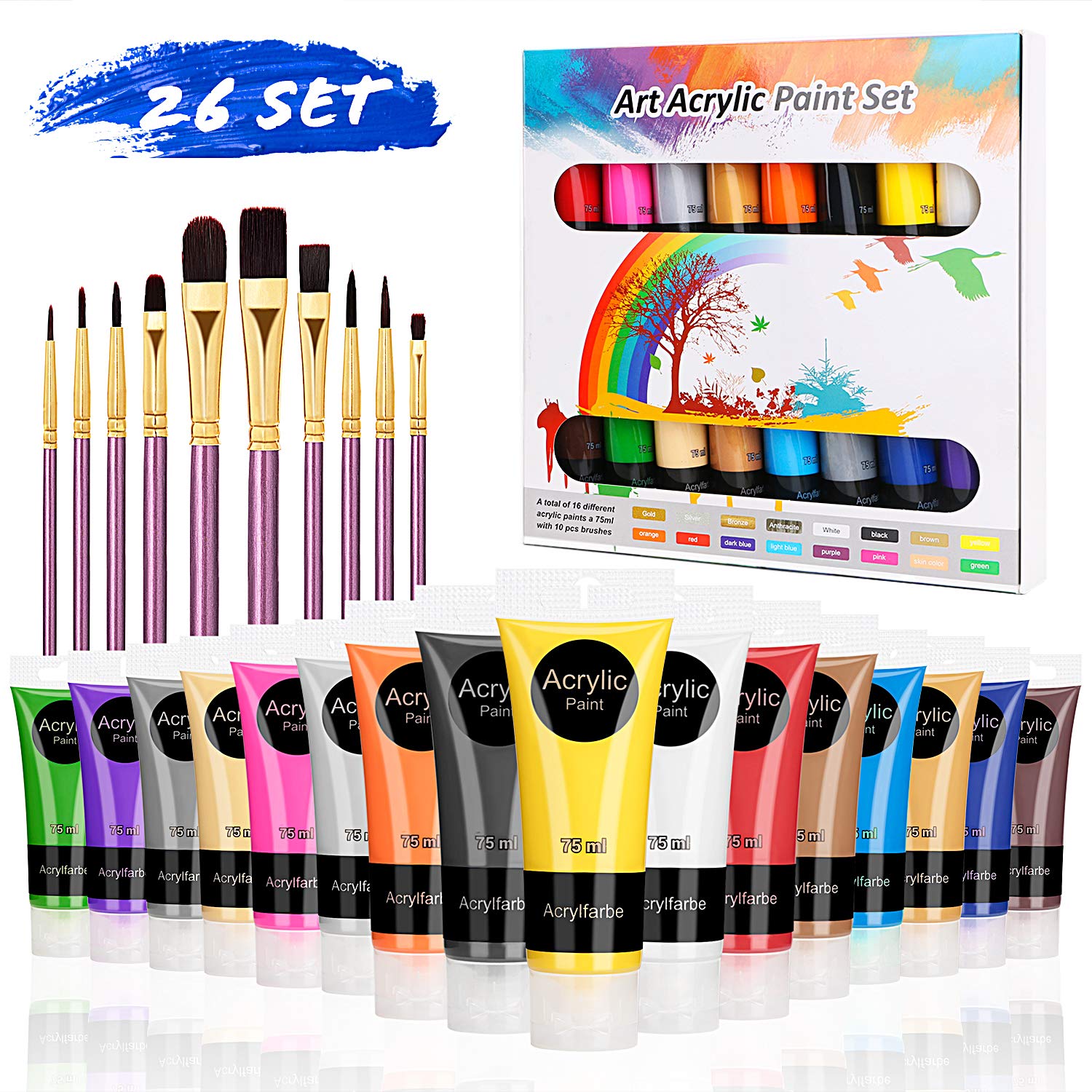 Acrylic Paint Set, RATEL 26 Set of Premium Acrylic Paint Box Including 16 x 75 ml Acrylic Pigment +10 Brush Pen- Vibrant Colors Acrylic Paint for Paper,Rock,Wood,Ceramic,Fabric,Crafts