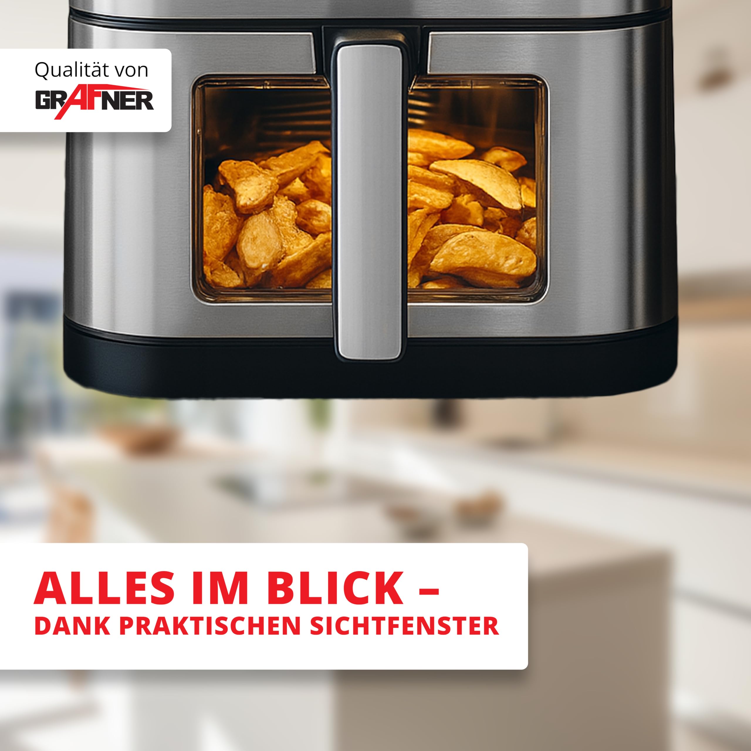 Grafner XXL Digitale Heißluftfritteuse 8 L, 100x Backpapier, LED Touchscreen, 7 Programme, 1800 Watt, Sichtfenster, Antihaft-Beschichtung, Fritteuse ohne Fett ölfrei, Edelstahl Air Fryer Friteuse