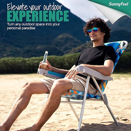 Miniatura 4 de SUNNYFEEL Silla de playa plegable alta, ligera, silla de arena portátil para adultos, resistente 300 libras con portavasos, sillas de césped