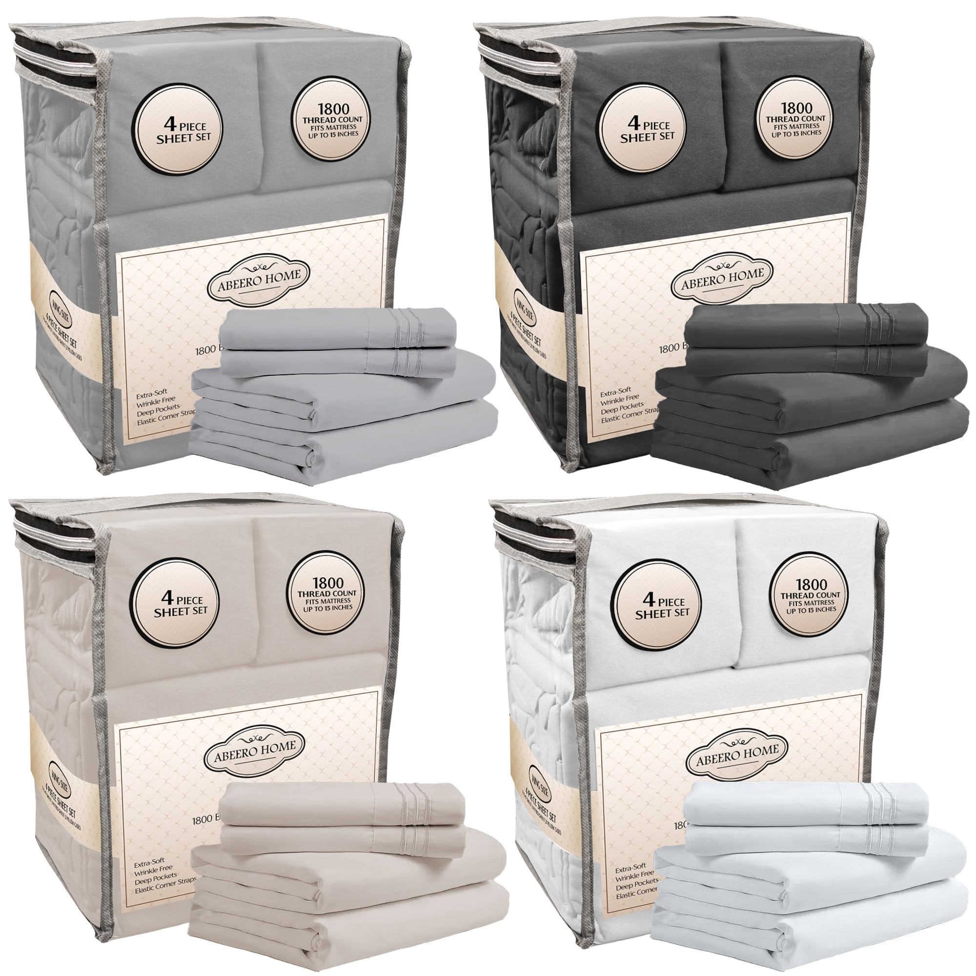 Abeero Home Luxury Queen Size Sheet Set Bundle - 4x4 Piece Premium Hotel Bedding in Light Gray Gray