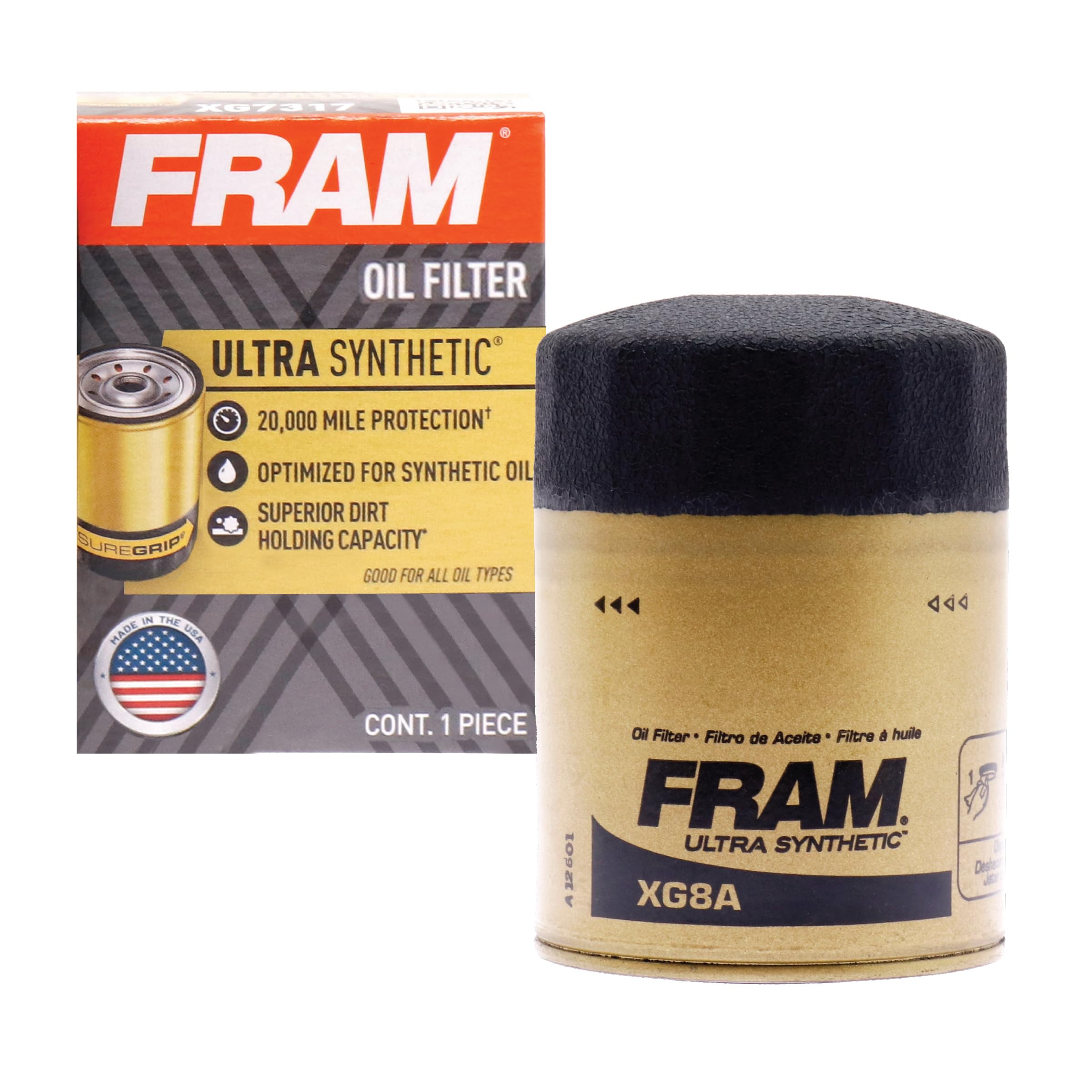 FRAM Ultra Synthetic Automotive Replacement Oil Filter, Designed for Synthetic Oil Changes Lasting up to 20k Miles, XG8A with SureGrip (Pack of 1)