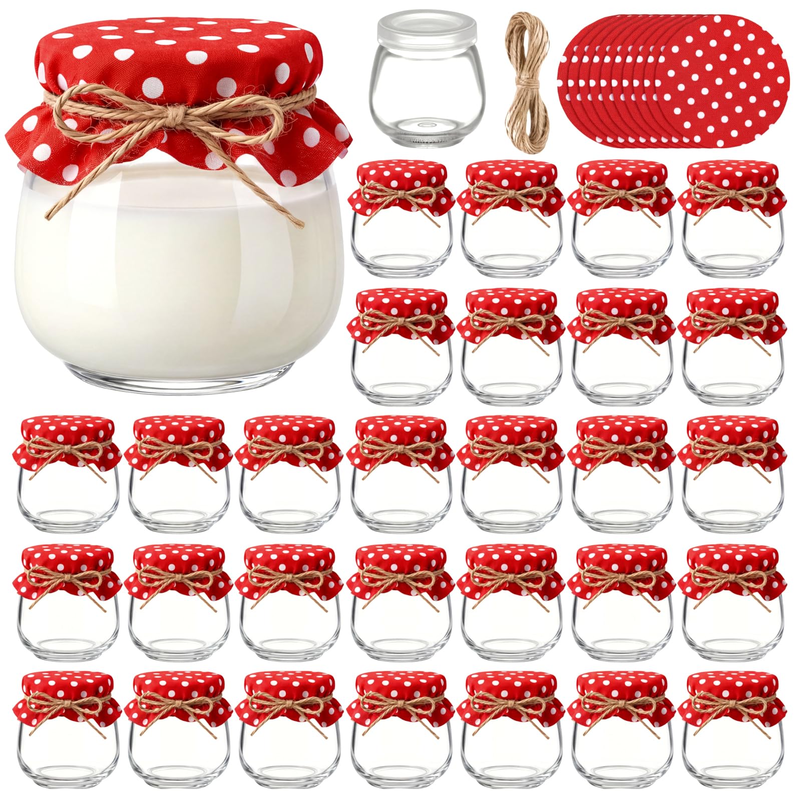 LemonRoad 30 Pcs 3.4 Oz Glass Jars, Lids,Circle,Red and White Polka Dots