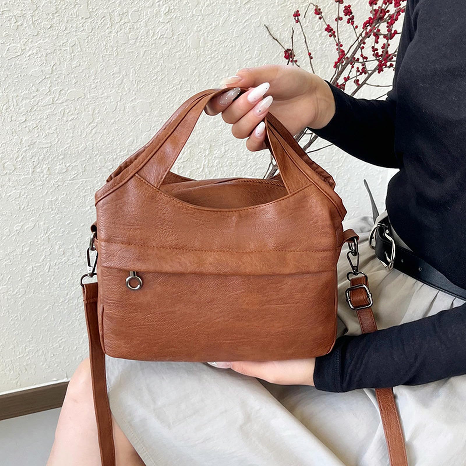 Borsa a Tracolla Multitasche Semplice E Versatile con Texture alla Moda in Stile Occidentale, di Grande capacità-Marrone