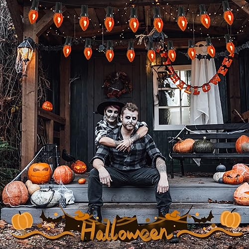 Miniatura 6 de Tira de luces de llama parpadeante, 25 pies C7 naranja de Halloween, luces de llama parpadeante naranja para decoración de exteriores e interiores,