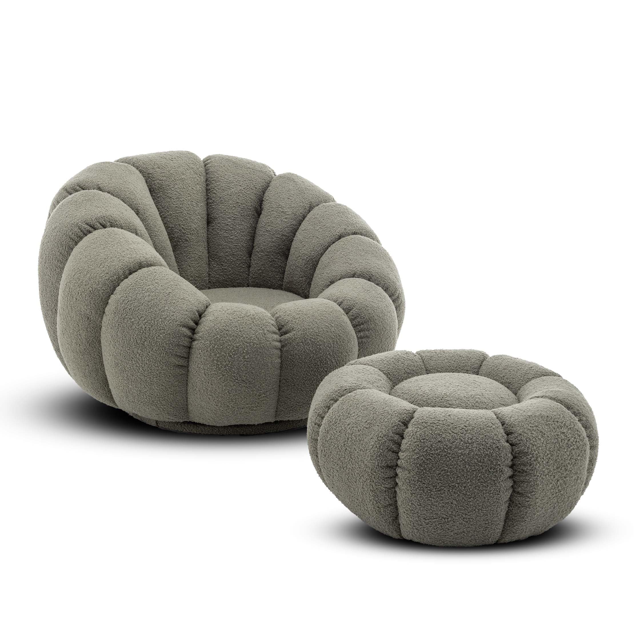 Round Sage Green Boucle Swivel Chair and Footstool Accent Swivel Cuddle  Chair for Living Room, Boucle Snuggle Armchair with Footstool MIRIELLE
